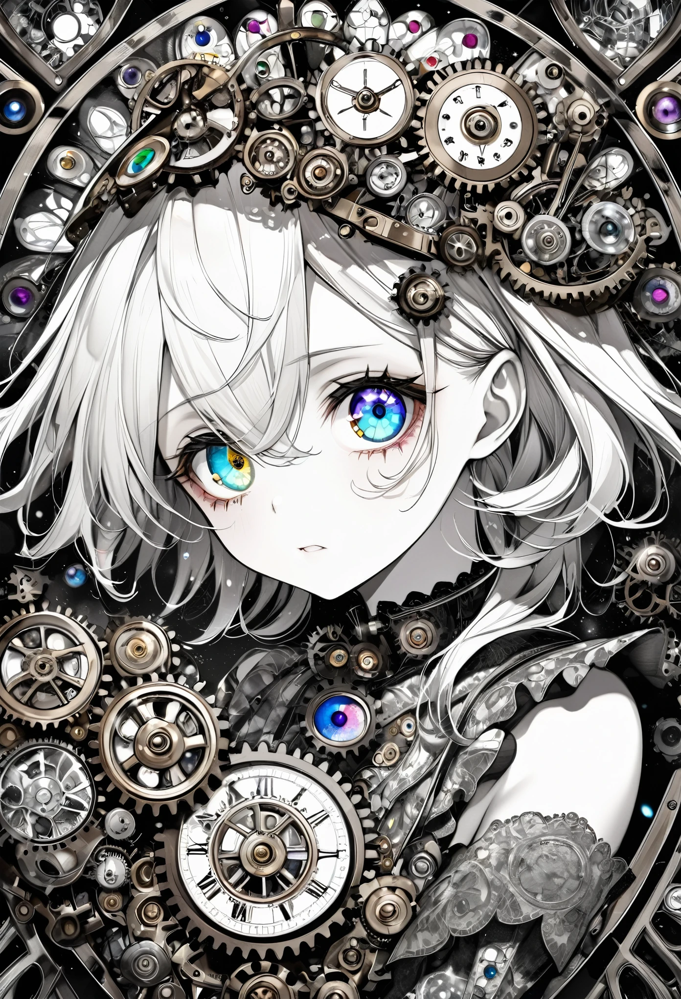 best quality, super fine, 16k, incredibly absurdres, extremely detailed, delicate and dynamic, stained glass kaleidoscope made of jewels of various colors, with mechanical mechanisms, clockwork mechanisms, and gear mechanisms, monochrome girl peering into it, (heterochromia, star-shaped pupils eye, heart-shaped pupils eye), iridescent world artwork 