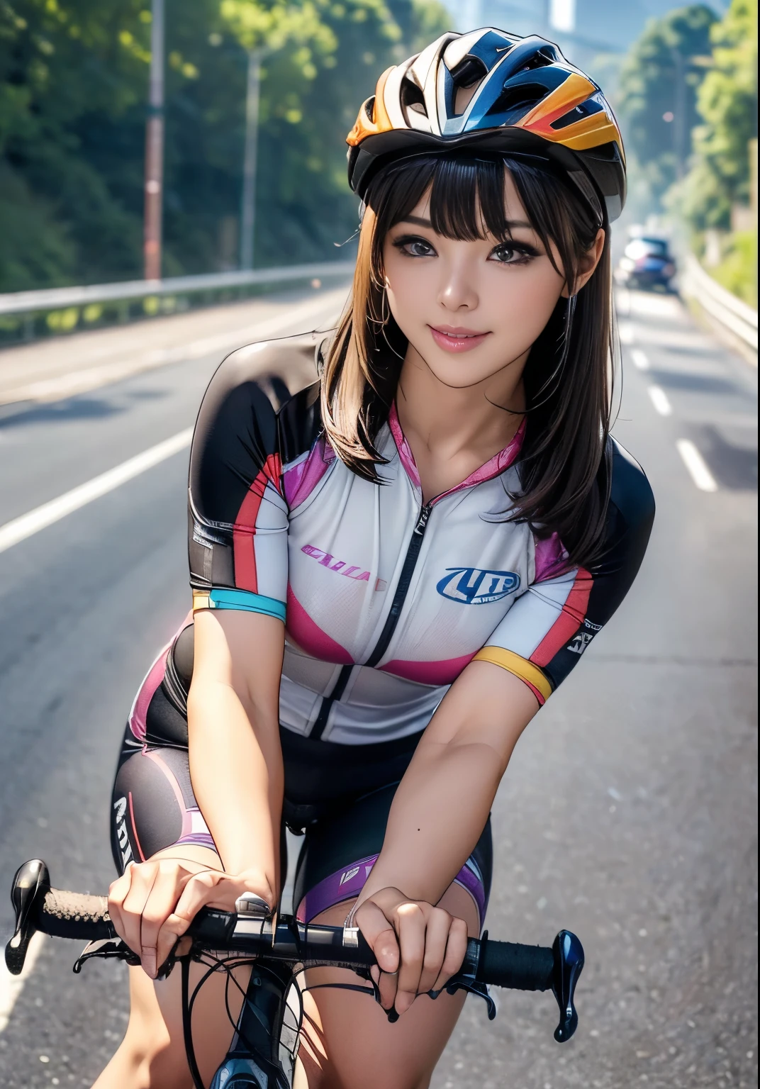 (8k、Ultra-high resolution、best quality、masterpiece、actual、Ultra-high resolution:1.2)、High-resolution RAW color photos、Professional photos、 (whole body:0.6)、(actual、photo actual、Motion Blur:1.37)、(A bright smile、Lovely smile)(Large Breasts、かなりのLarge Breasts、Always cover all breasts、Fitness:1.2)、((Always colorful、Glittering road cycling race、A beautiful female cyclist,Dynamic riding in road racing.:1.3))(Vibrant colors、Vibrant Guangshan District、Smooth pedaling action、Rat Race、High performance road bike:1.2)(Draw diagonally from below、Natural skin texture、Delicate skin、Surrealism、Intricate details、Written border depth、Adult women、Large Breasts、Long hair、(masterpiece、best quality、High Detail))、Smile happily、Beautiful brunette、big eyes、Transparent double eyelids、eyelash、Please let me see your ears、Perfect face、Beautiful bangs、Beautiful bangs、Small face、helmet(Look at the audience、eyes highlights、Lip Gloss、Black Short Bob)