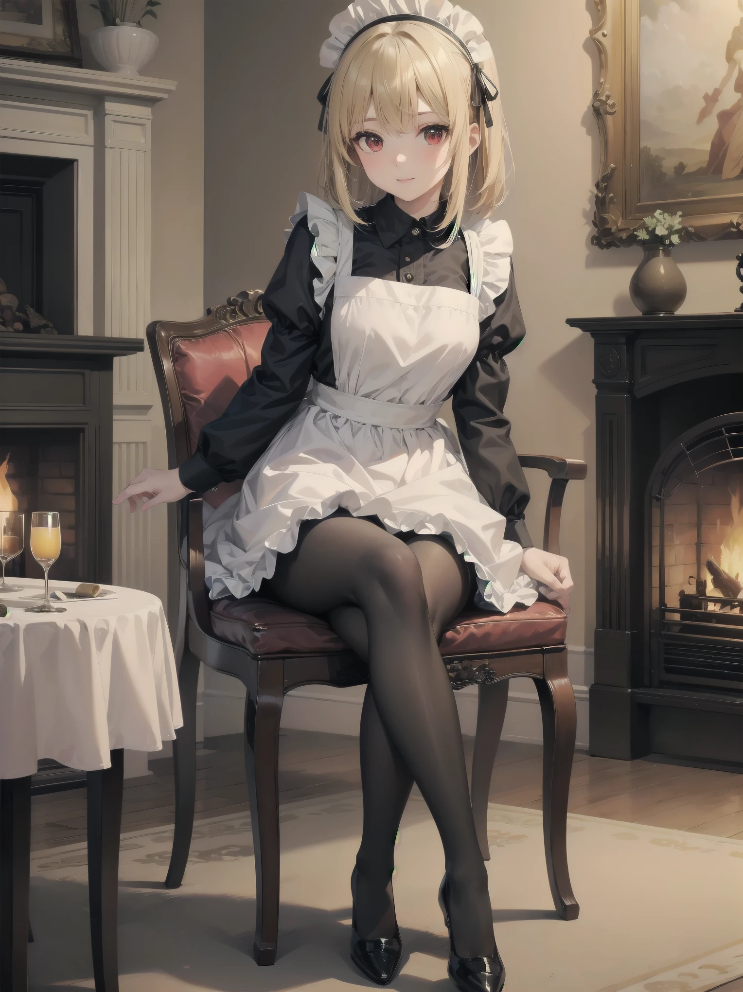 (Cowboy Shot:1.3),Blonde,Perfect Eyesｍ,Red eyes,solo、 Maid, Maid headdress, Maid apron, Blue ribbon,masterpiece,Noise Reduction,Perfect Anatomy,High resolution, Very detailed,Game CG,Dutch Angle ,Beautiful fine details,Visual Arts,Five Fingers, Perfect hands, 完璧なillumination,Luxury House、table、illumination、fireplace、Chair、High-end furniture、sit、Turning from sideways、Beautiful feet、Black pantyhose