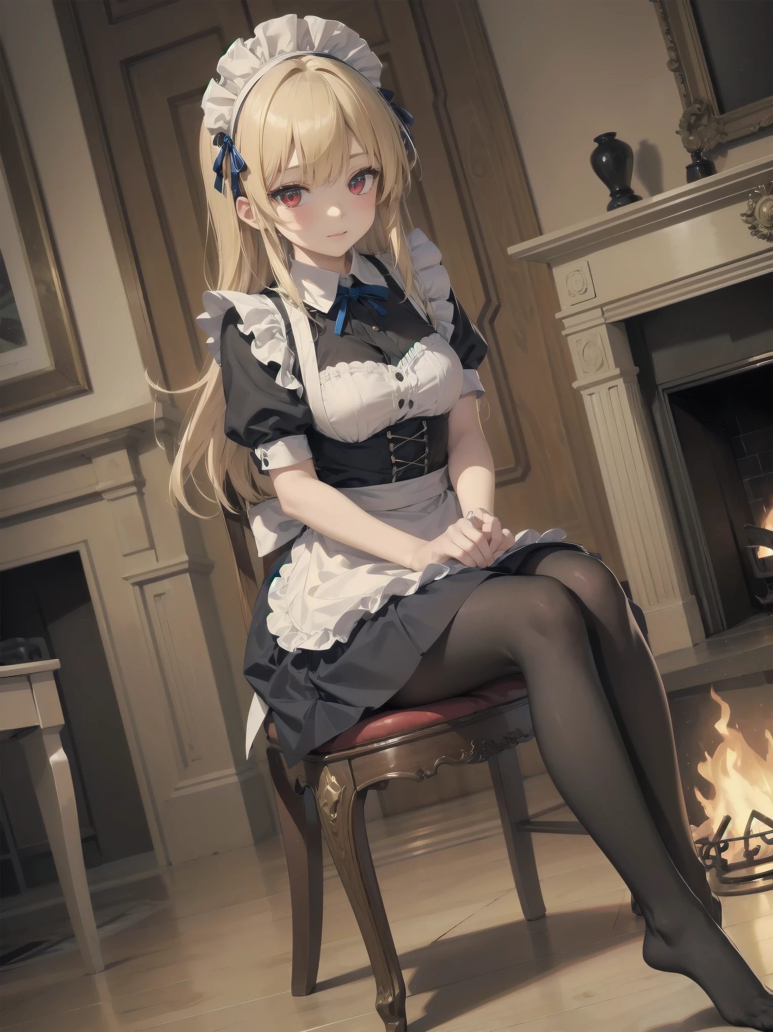 (Cowboy Shot:1.3),Blonde,Perfect Eyesm,Red eyes,solo、 Maid, Maid headdress, Maid apron, Blue ribbon,masterpiece,Noise Reduction,Perfect Anatomy,High resolution, Very detailed,Game CG,Dutch Angle ,Beautiful fine details,Visual Arts,Five Fingers, Perfect hands, 完璧なillumination,Luxury House、table、illumination、fireplace、Chair、High-end furniture、sit、Turning from sideways、Beautiful feet、Black pantyhose