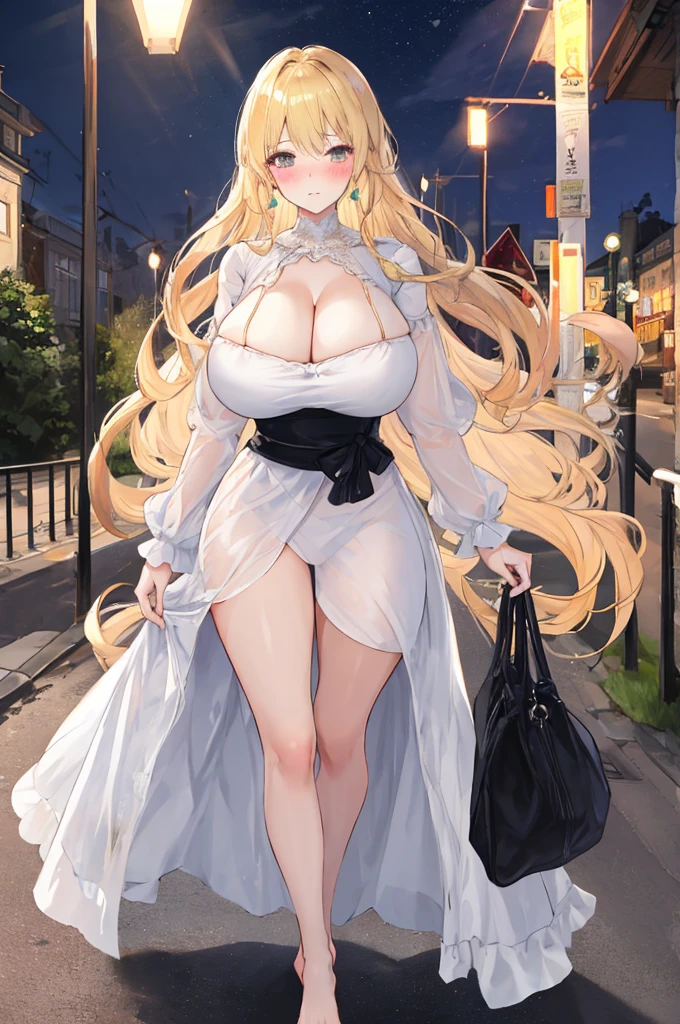 A woman with big ，Beautiful princess，A devout believer，Long blond hair，Exquisite，((transparent))，Nightdress，Cleavage，Slim waist，pubic，blush，on the street，