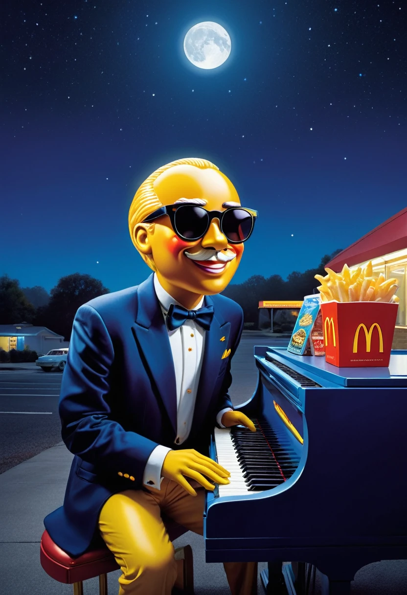 Envision an artwork capturing the quintessential 80s retro-futuristic vibe, featuring the iconic McDonald's mascot, Mac Tonight that he wear a pianist tuxedo, his face is a half-moon wearing sunglasses. The scene is set against a starry night sky, with Mac Tonight posed dramatically, pointing towards the heavens. His crescent moon head is illuminated, casting a soft glow that highlights his features and suave sunglasses. Around him, the classic McDonald's products - a box of fries, a soft drink, and a vanilla ice cream cone - are artfully arranged on a piano, with the golden arches prominently displayed in the background above a traditional McDonald's restaurant. The environment combines a surreal suburban landscape under a deep blue twilight sky, emphasizing a sense of otherworldly diner culture. The colors are saturated, with deep blues and contrasting bright yellows, capturing the nostalgic allure of McDonald's in the 80s. Ensure that the textures reflect the glossy advertising style of the era, with smooth, almost airbrushed finishes that evoke a sense of the vintage marketing aesthetics.