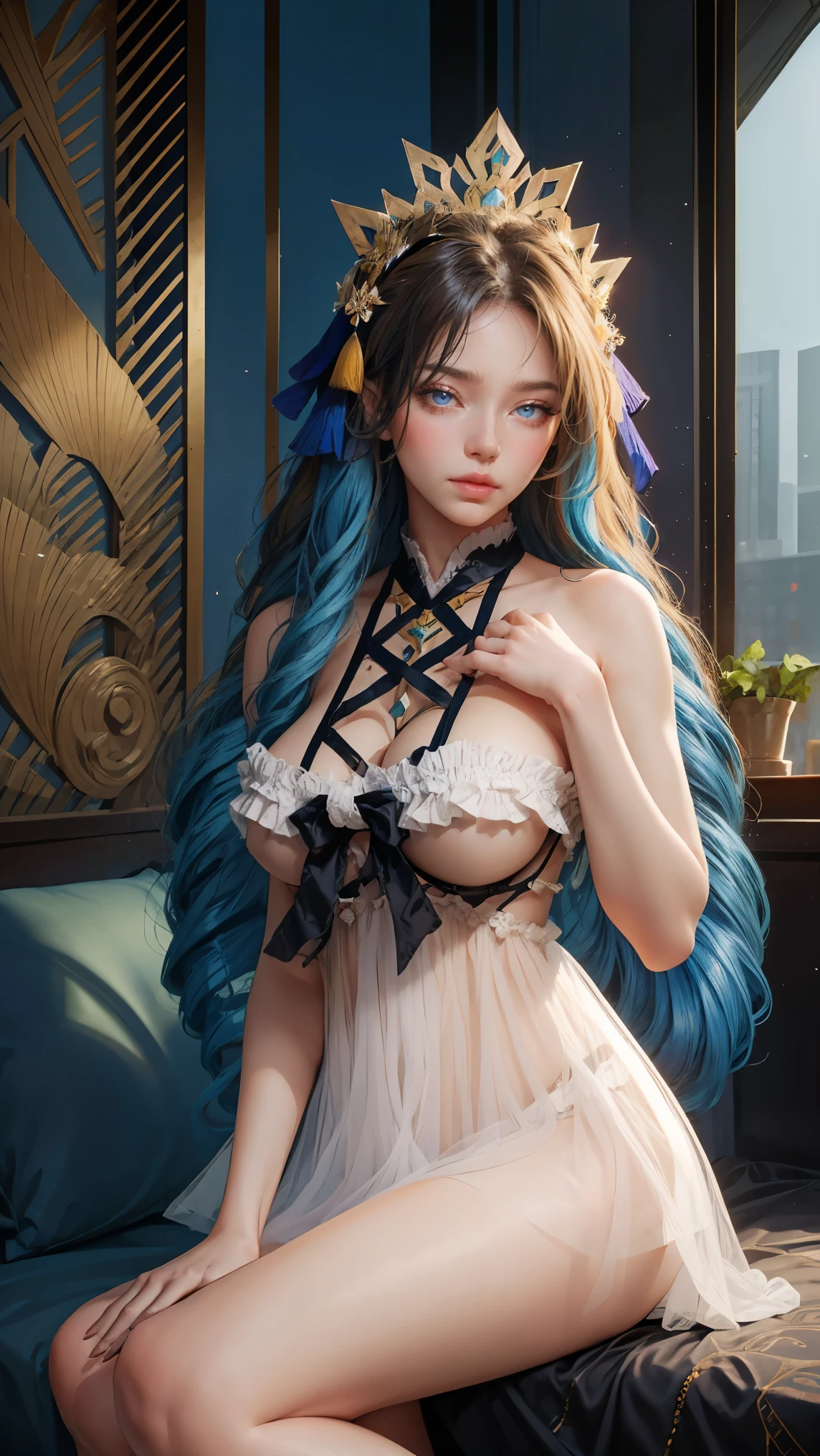 Best quality, masterpiece, ultra high res, raw photo, beautiful and aesthetic,deep shadow, dark theme,(ultra detailed:1.3),
1girl, sitting pose, Headdress, full of curtain, drill hair, long hair, blonde hair, gradient hair, yellow eyes, solo, huge breasts, big hair, blue hair, divine goddess, looking at viewer, chinese city, Chinese theme, Chinese style, indoors, bedroom, astraea, full body, lingerie, short dress, (see-through), bare shoulders, bare arms, thighs, black thongs,