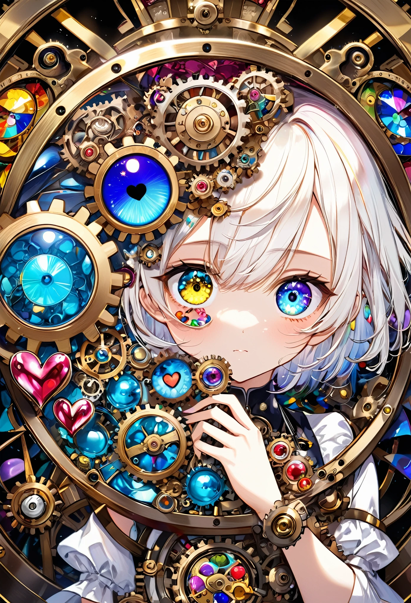 best quality, super fine, 16k, incredibly absurdres, extremely detailed, delicate and dynamic, stained glass kaleidoscope made of jewels of various colors, with mechanical mechanisms, clockwork mechanisms, and gear mechanisms, girl peering into it, (heterochromia, star-shaped pupils eye, heart-shaped pupils eye), iridescent world artwork