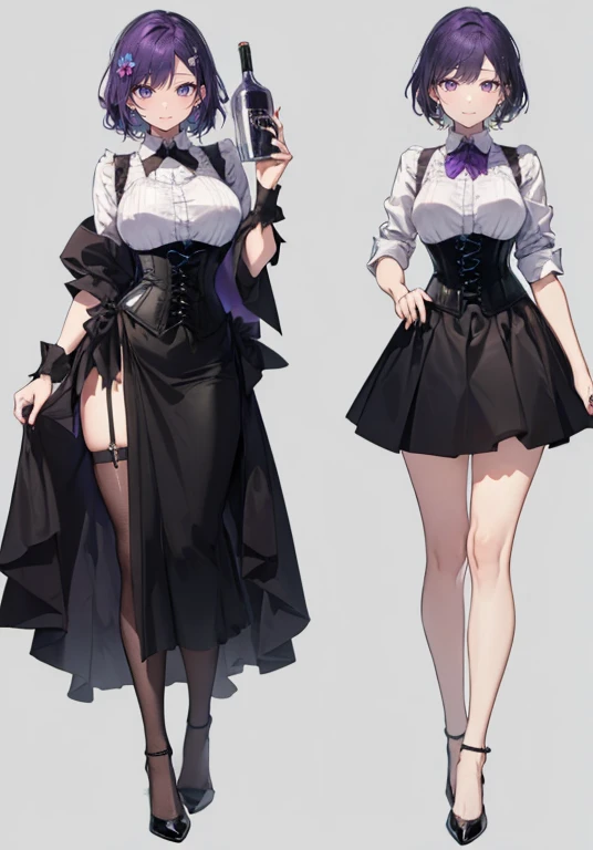 Purple hair,short hair,Adult female,(Bartender),((Rolling up your sleeves shirt)),(Corset),(Tight skirt),(high heels),((Simple background)),Smile,((Full body)),((whole body)),Character Sheet,Gothic