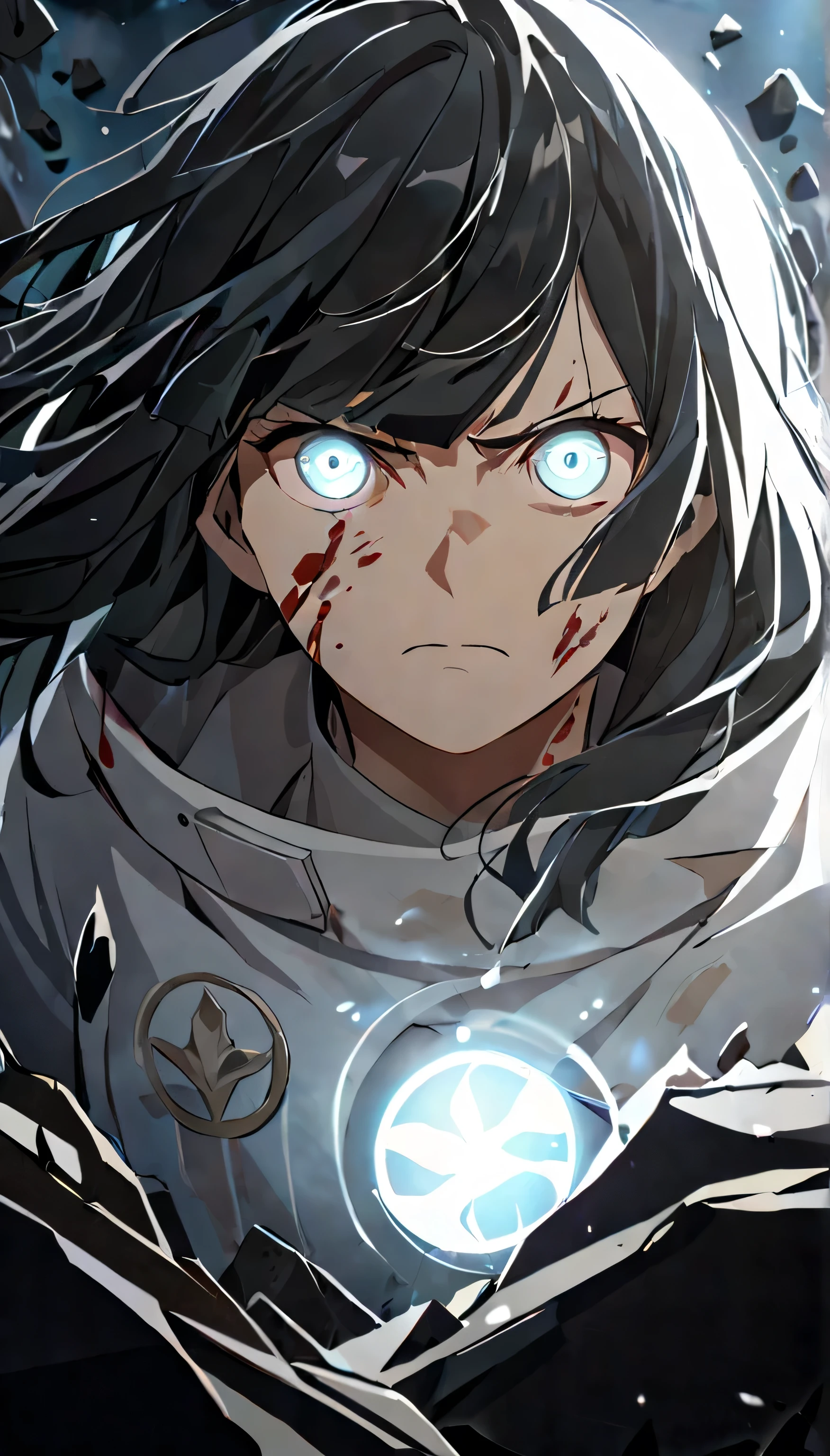 masterpiece,best quality, solo, eda, bangs, black hair, white clothes, white flowers,cloud, she is wounded, she is badly hurt , she is sad, lots of blood, there is a glowing blue light orb near her, her eyes is glowing blue, she is very confused, she suddenly wakes up, she never feld feared in her life before, she had visions in her glowing blue eye, she is looking at her glowing eyes, she is noticing something, close shot, front face, detailed art, she is angry, she knows who killed her, she want revenge, 4k, detailed, she is controling her new powers, her eyes is lighting, she is very mad, her hair is floating, the rocks rumbling, rocks floating, her power is flowing, she is confident, closed mouth, she is full of rage, she stood up, front face, staring at you