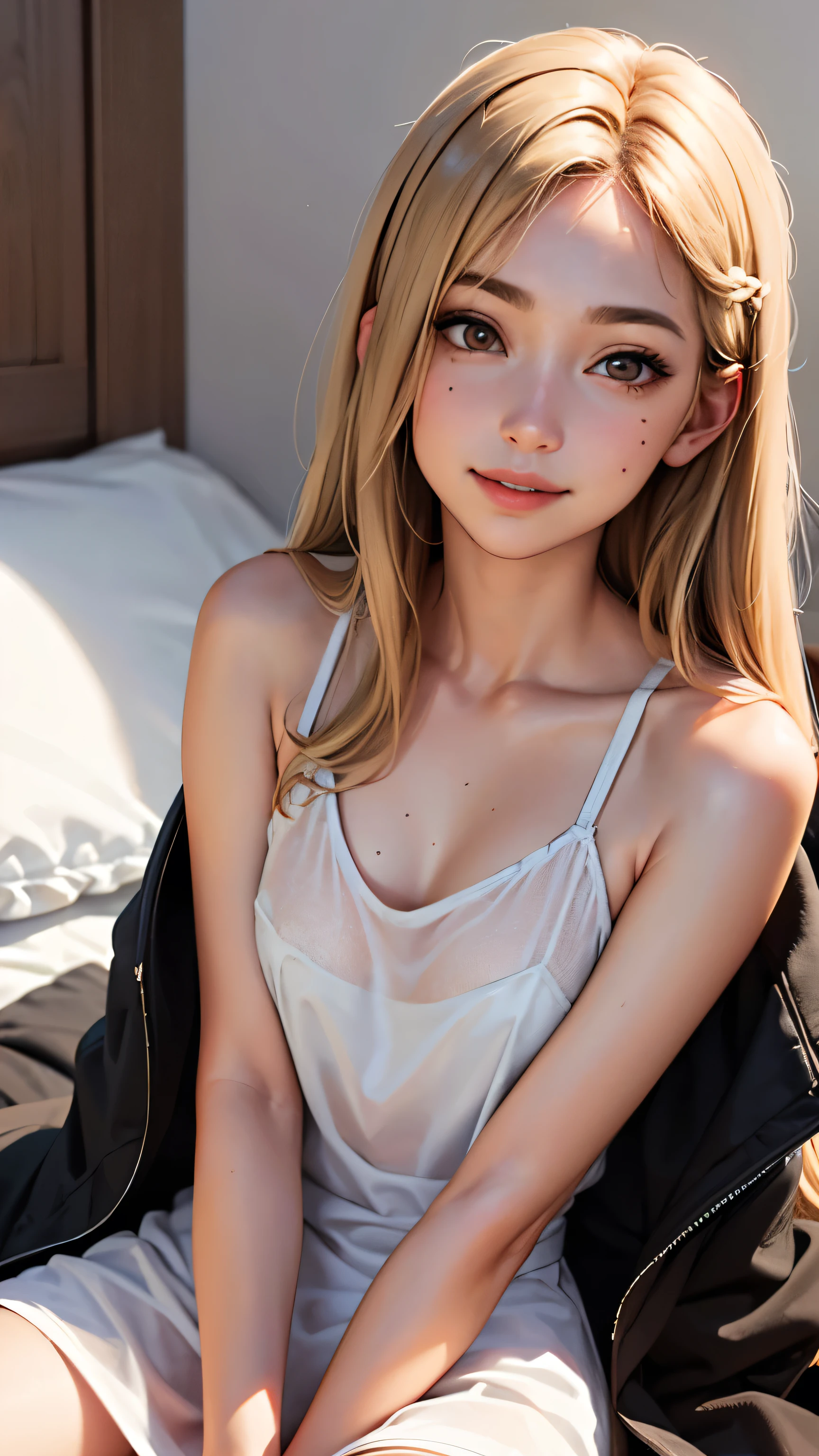 masterpiece, highest quality,Face-to-face audience, Upper body,Middle-aged women,Greek Goddess Attitude, Melon seed face, ((Long, narrow eyes)), Mole under the eye,Brown eyeball, Thin lips, Anorexia,blonde, Very long hair, Laugh with your mouth closed,40 year old mature woman, self-portrait, Simple Background,Lying in bed,Thin legs,Close your eyes and smile,underwear,The happi coat is open,See-through,Innocent pose,