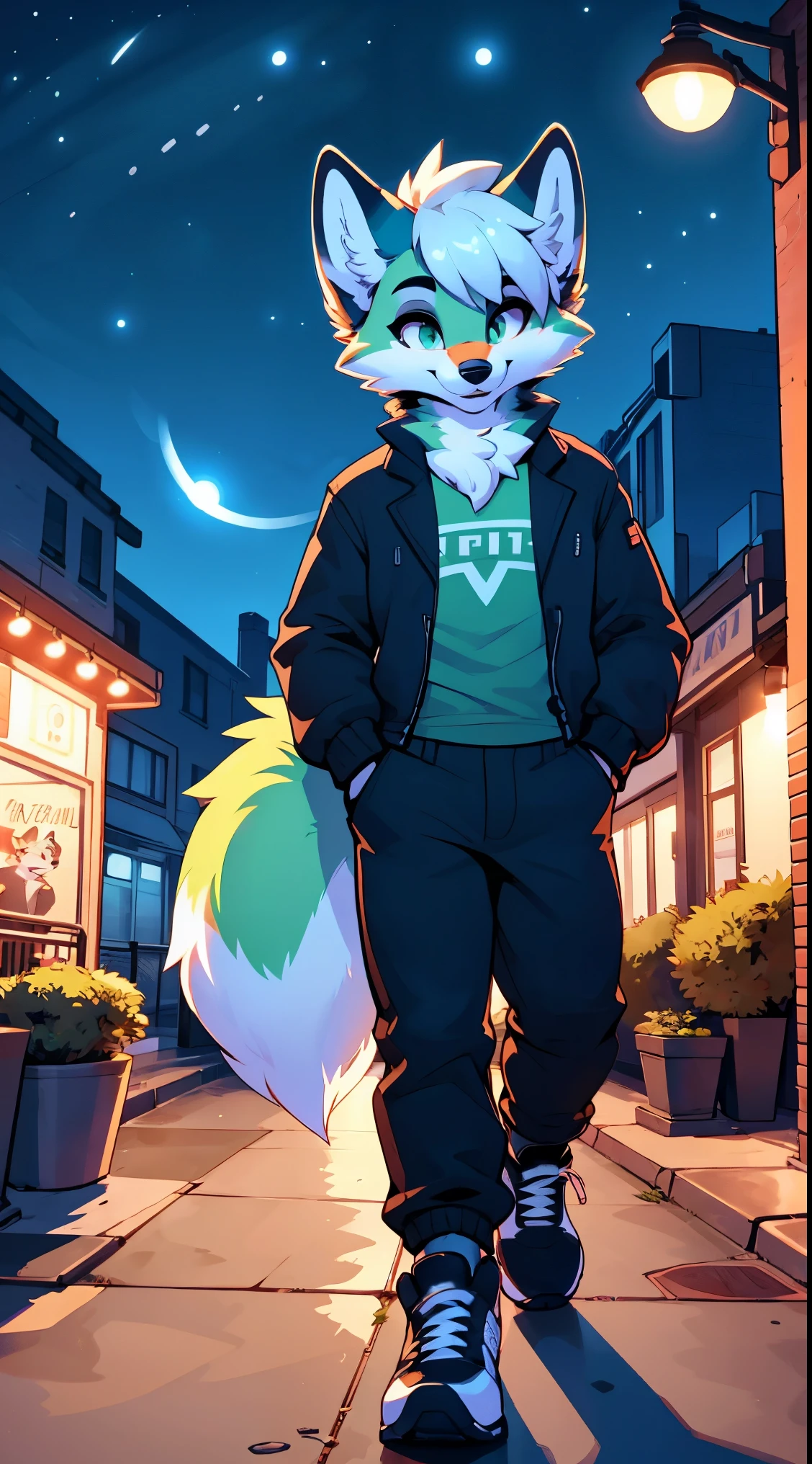 a full body, anthropomorphic green fox ??? wearing a jacket and a t-shirt, pants, sneakers, fox face, cute face, glossy fur, big fluffy neckfur, posing for a picture in a hill at night with a city in the distance