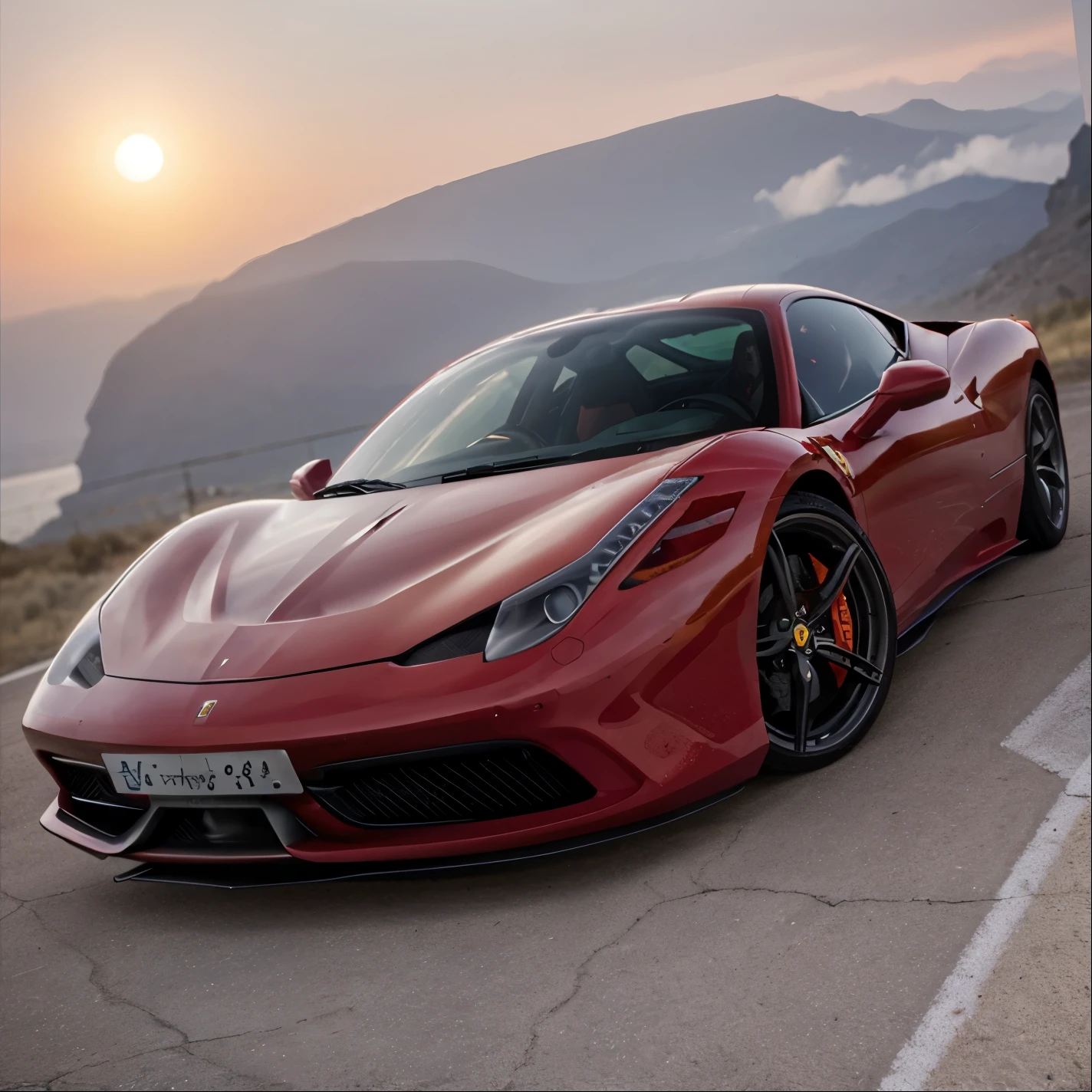Red ferrari 458, photo shoot, The moon illuminated by a long shadow, Light focus,Use a telephoto lens to capture the details of the car in a surreal photographic style, The first quarter of the triangle shot, and fast-motion effects.