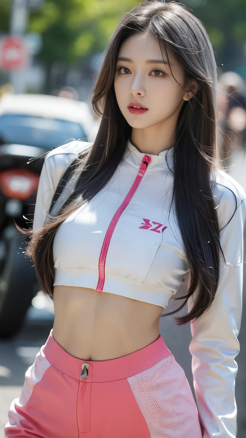 1 sister,Wearing a tight pink and white racing suit,Big goals腿向你走来,Hold the handlebars of your motorcycle,(Riding a motorcycle:1.2),navel,Just looking at the audience,midnight street,light,National Foundation,((best quality,8k,masterpiece:1.3))),Stay focused:1.2,(Layered pruning,Big goals:1.2),Beautiful woman,Have a perfect body:1.4,Lean abdominal muscles:1.2,wet:1.5,Highly detailed face and skin textures,Exquisite eyes,Double eyelids,Long gray hair