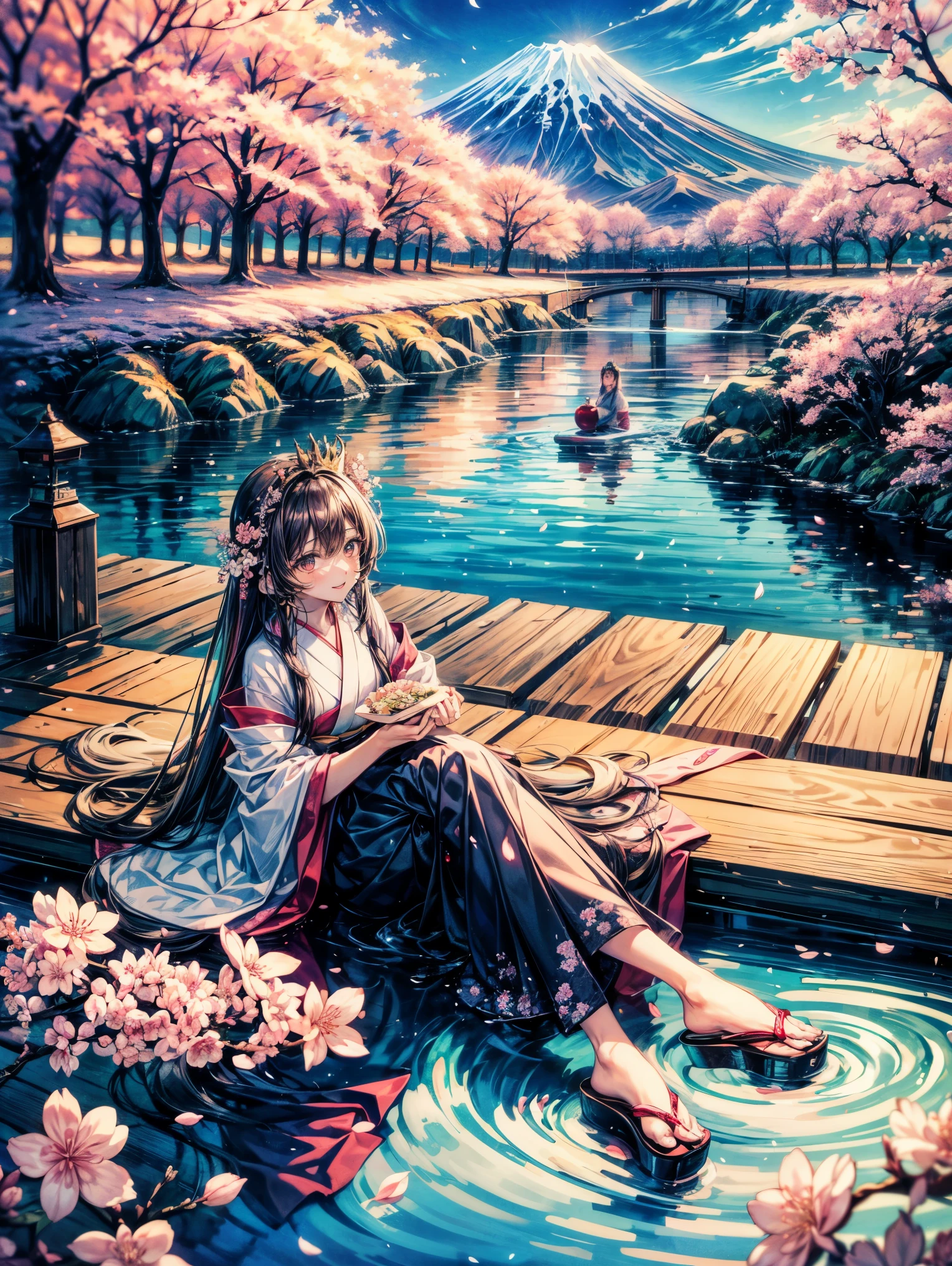 masterpiece,highest quality,Ultra high definition,Sakuyahime, Japanese mythology, cherry blossom spirit, God of Mt. Fuji, long cherry blossom-colored hair, cherry blossom-colored eyes, kimono with flowers, cherry blossom crown, foot of Mt. Fuji, under cherry blossom tree, announcing the coming of spring, gentle smile