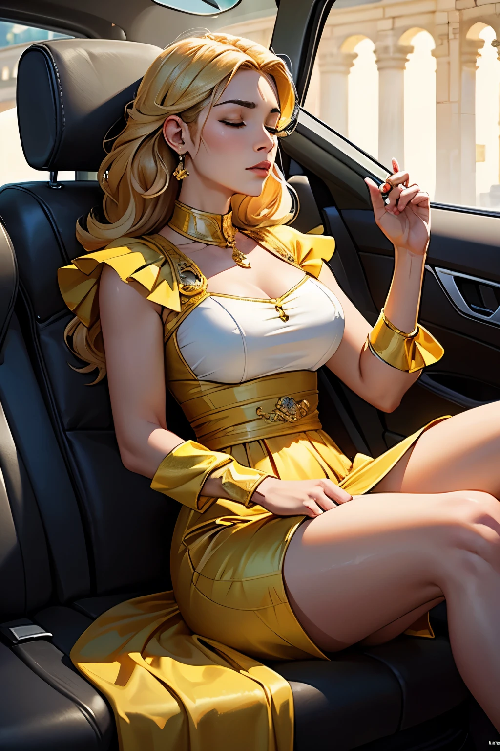 ((obra de arte)), ((melhor qualidade)), 8k, High definition, super detalhe, (mulher), (Vestido branco cravejado de aros em ouro amarelo), (Xale de cabelo dourado espalhado), (Closed eyes expression) (Dormindo em um carro 1.6) (full body display 1.4) The work of art is a masterpiece, com a melhor qualidade e super detalhe, captured in 8k High definition. Photographic realista, realista, very detailed illustrations realista, octane rendering