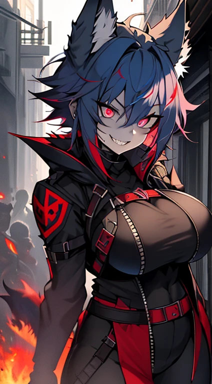 1girl, short_rebellious_hairblue_hair, hair tips to the side, scary_eyes, short_hair, Mouth_open_teeth_sharp_fangs, Evil smile_sharp_wild teeth, black_iris, scarlet_red_pupil, black, sclera, soulless_black_eyes, looking_at_vi ewer, holding, shirt, pant, animal_ears, blue_ ears, wolf_woman, blue_tail, body_perfect, Milf_body, female_body_muscular, big_breasts, scar_on_thighs, scar_on_the abdomen,vampire slayer_outfit