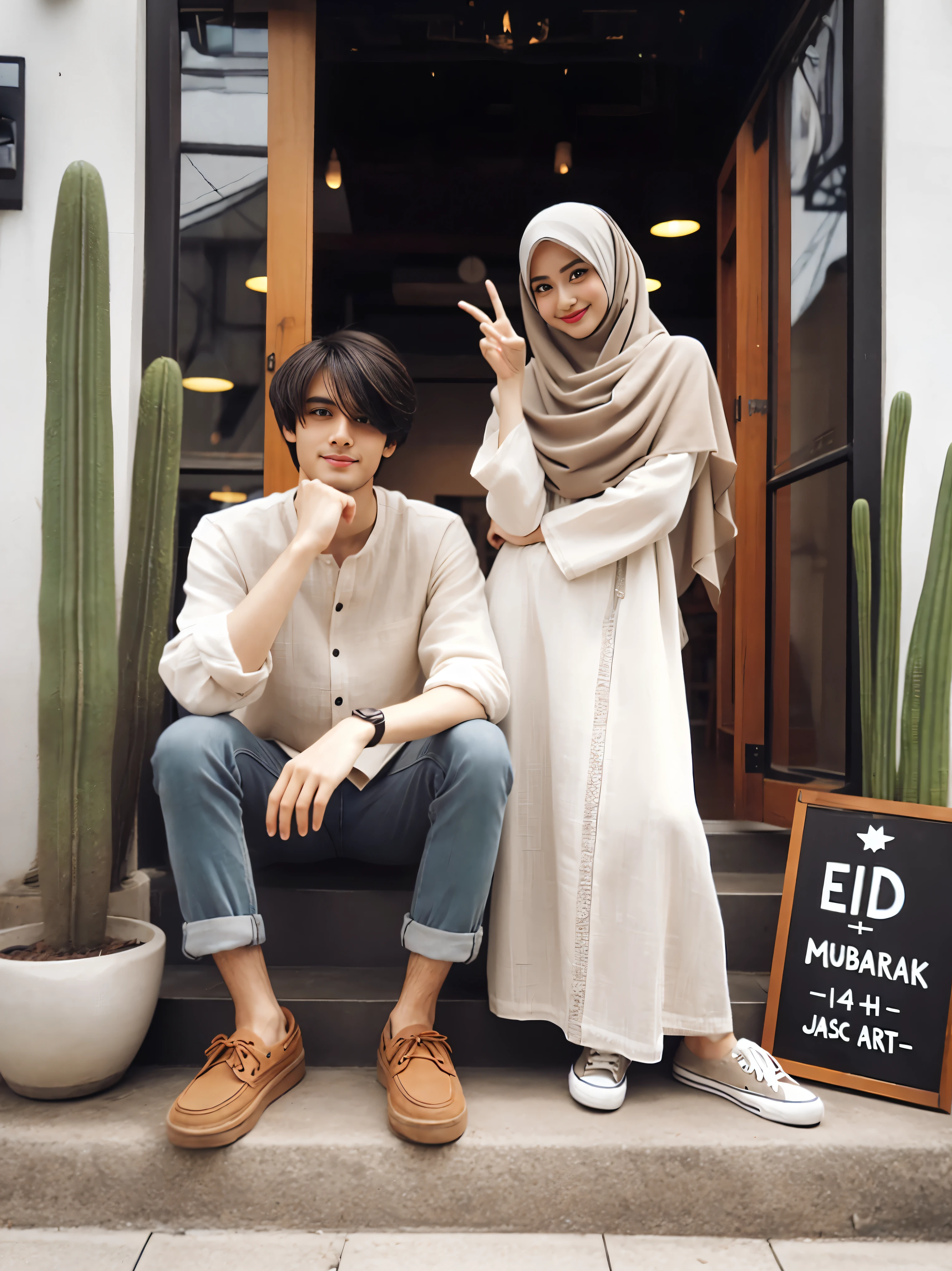 they are sitting on the steps of a building with a sign, couple pose, lovely couple, happy couple, white hijab, couple, 😭🤮 💔, wearing correct era clothes, 🤬 🤮 💕 🎀, full body photogenic shot, style of ade santora, casual clothing style, casual modern clothing, hijab, ✨🕌🌙, on a street