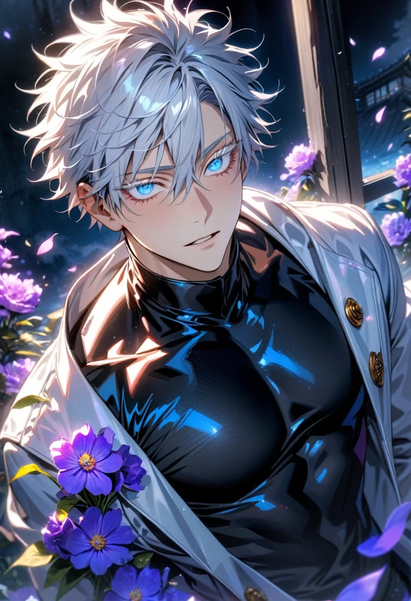 Ultra detailed, Highres, absurdres, HDR, Gojou Satoru, white hair with bangs, hair between the eyes, blue eyes, white eyelashes, white long coat with patterns, Jujutsu Kaisen, purple flowers, petals, extremely handsome, sexy man, toned chest, solo, very detailed eyes and face, black gloves, water, purple butterflies, black tight t-shirt,