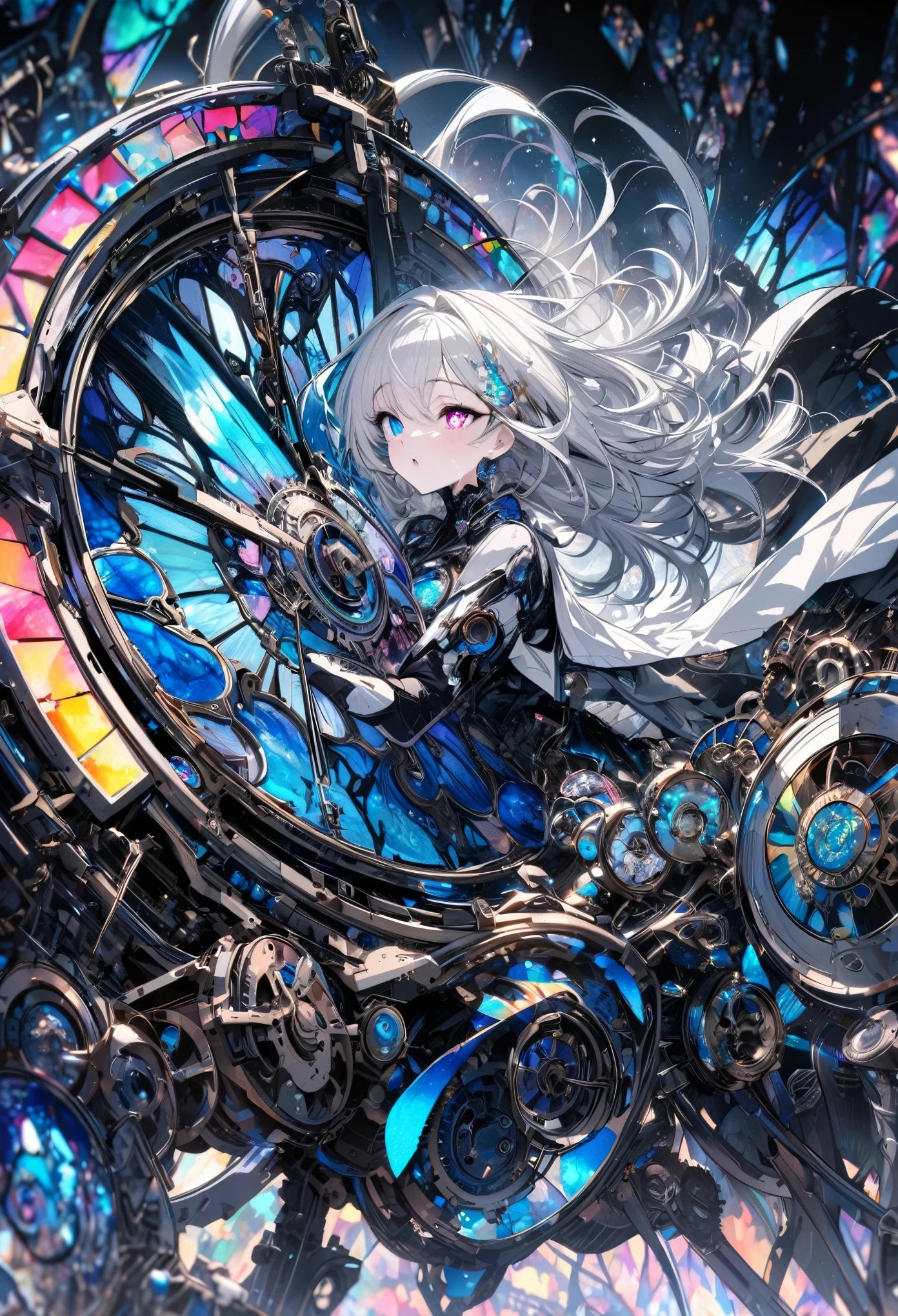best quality, super fine, 16k, incredibly absurdres, extremely detailed, delicate and dynamic, stained glass kaleidoscope made of jewels of various colors, with mechanical mechanisms, clockwork mechanisms, and gear mechanisms, monochrome girl peering into it, (heterochromia, star-shaped pupils eye, heart-shaped pupils eye), iridescent world artwork