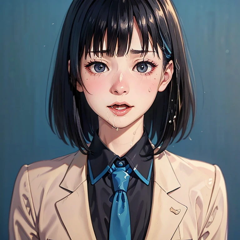 NSFW, (kawaii 24 year-old Japanese girl, Nogizaka idol, Korean idol), (glossy hair, very short hair, bangs:1.3), (beautiful black eyes, rounded face, single eyelid, no makeup:1.4), (embarrassed, noseblush, sex silly, orgasm, empty eyes, half opened mouth:1.4), (cum to face, semen on the face, bukkake:1.4), (wearing suit jacket, collared shirt, necktie:1.3), (extra small breasts:0.9), BREAK, (simple blue background:1.3), (view from forward, bust shot:1.3), BREAK, (masterpiece, best quality, photo realistic, official art:1.4), (UHD, 8K quality wallpaper, high resolution, raw photo, golden ratio:1.3), (shiny skin), professional lighting, physically based rendering, award winning, (highly detailed skin, extremely detailed face and eyes), Carl Zeiss 85 mm F/1.4, depth of field, 1girl, solo,