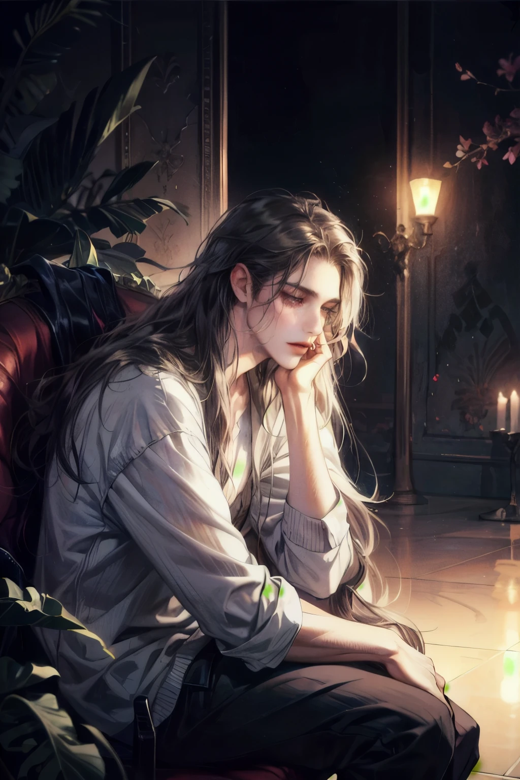 One man, lazy, tired, beautiful, long hair, messy hair, full lips, tall, gloomy, with a cigarette