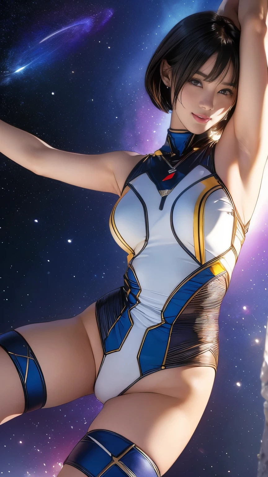 (original photo, best quality), (actual, Photorealism:1.3), 1 girl, bob cut、earrings、Smile、actualbody,Old space suit、ancient、rock、ancientの儀式、Pyramid shaped UFO flying from space、laser light、 ((13 year old Japanese girl)), ((armpit hair、armpit hairを見せる、Raise your arms、armpit))