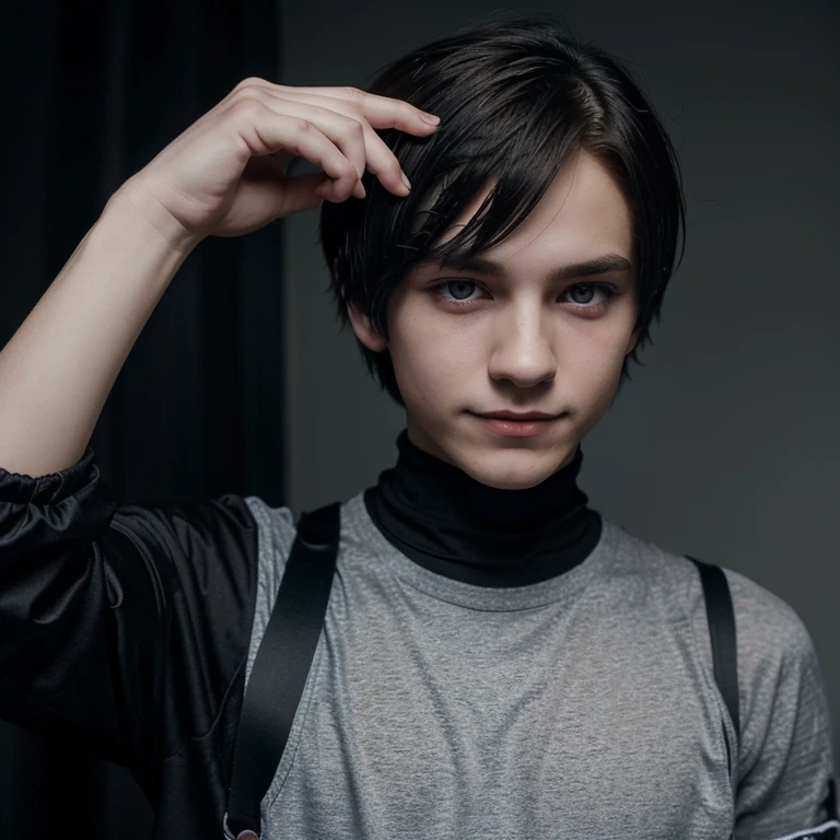 Polish emo boy short dark brown hair, blue-gray eyes, very white complexion, similar to the character Dominik Santorski from the movie Suicide Room, dressed as an emo from 2000, Height 1.91cm, very thin, very handsome Do it smiling close to the camera
