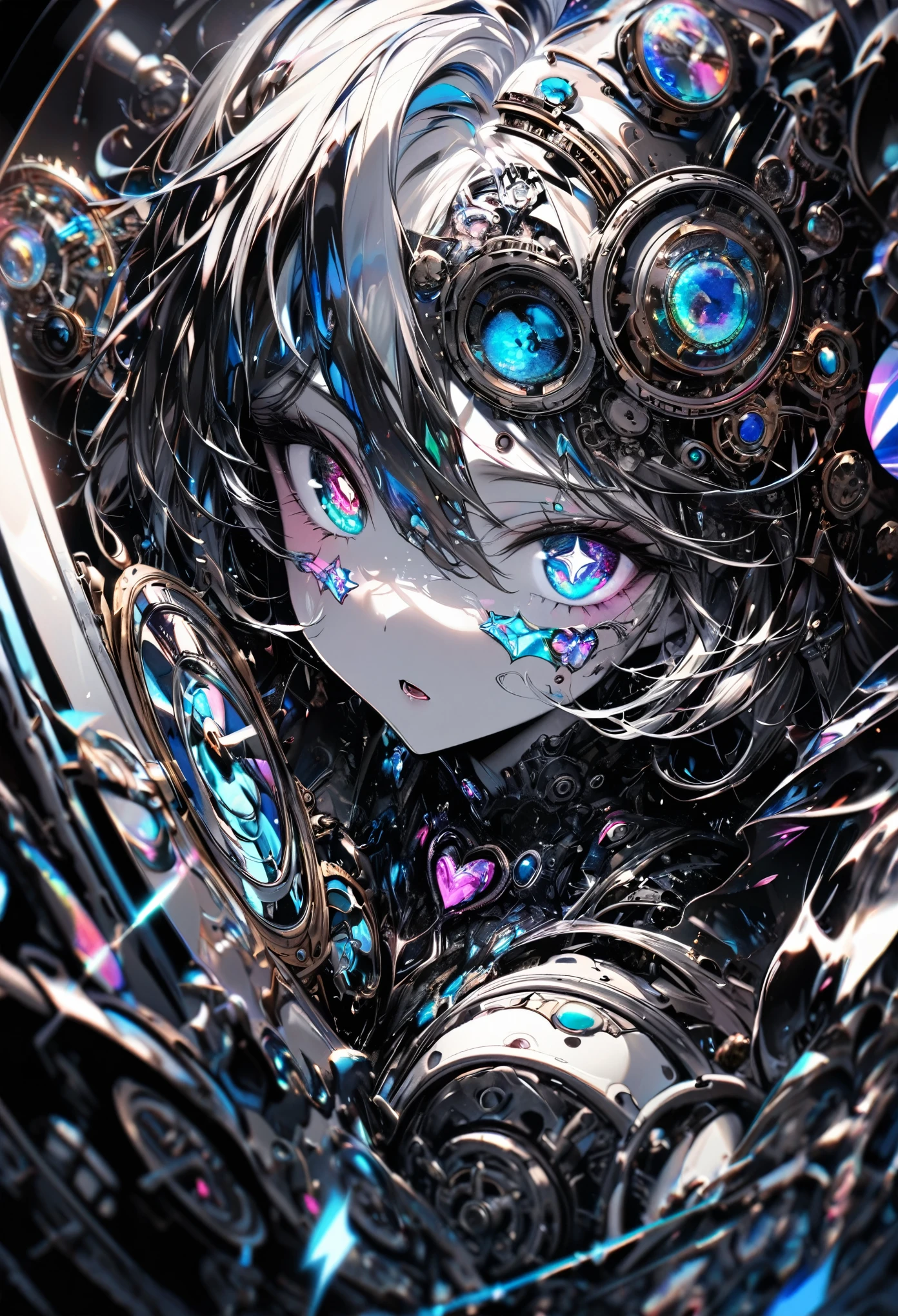best quality, super fine, 16k, incredibly absurdres, extremely detailed, delicate and dynamic, stained glass kaleidoscope made of jewels of various colors, with mechanical mechanisms, clockwork mechanisms, and gear mechanisms, monochrome girl peering into it, (heterochromia, star-shaped pupils eye, heart-shaped pupils eye), lighting-effects, prism-effects, mirror-effects, iridescent world artwork 