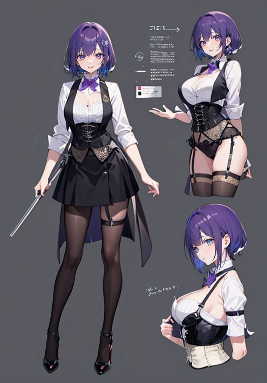 Purple hair,Short hair,Adult female,Bartender,((Body harness)),(black vest),((Rolling up your sleeves shirt)),(Corset),High heels,((Simple background)),Smile,((Full body)),((whole body)),Character Sheet,