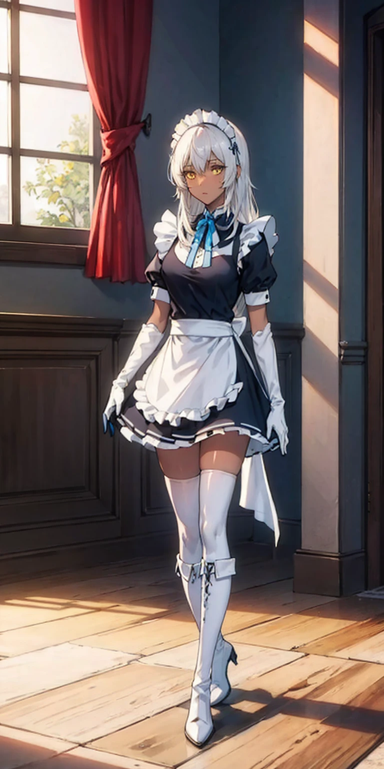 Full body standing straight symmetrical (mature female:1.4) (masterpiece, best quality) (maid, maid headdress, maid apron) indoors, window, best quality, high quality, dark black SKIN. Long messy hair, yellow eyes, full body, def_effie, blue breastplate, looking at viewer, shiny armor, thigh highs, high boots, shoulder armor, faulds, poleyn, red gloves gauntlets