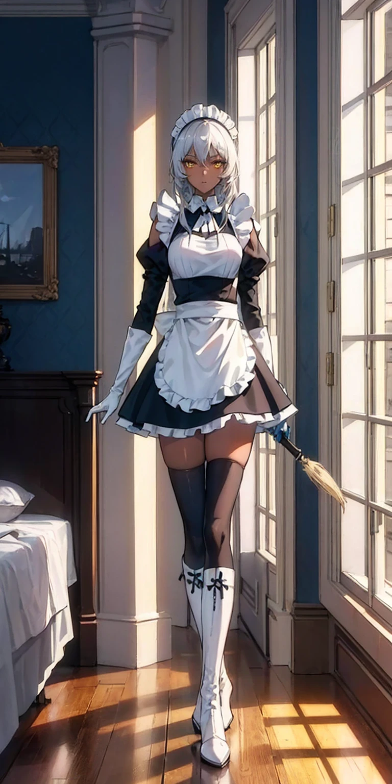Full body standing straight symmetrical (mature female:1.4) (masterpiece, best quality) (maid, maid headdress, maid apron) indoors, window, best quality, high quality, dark black SKIN. Long messy hair, yellow eyes, full body, def_effie, blue breastplate, looking at viewer, shiny armor, thigh highs, high boots, shoulder armor, faulds, poleyn, red gloves gauntlets