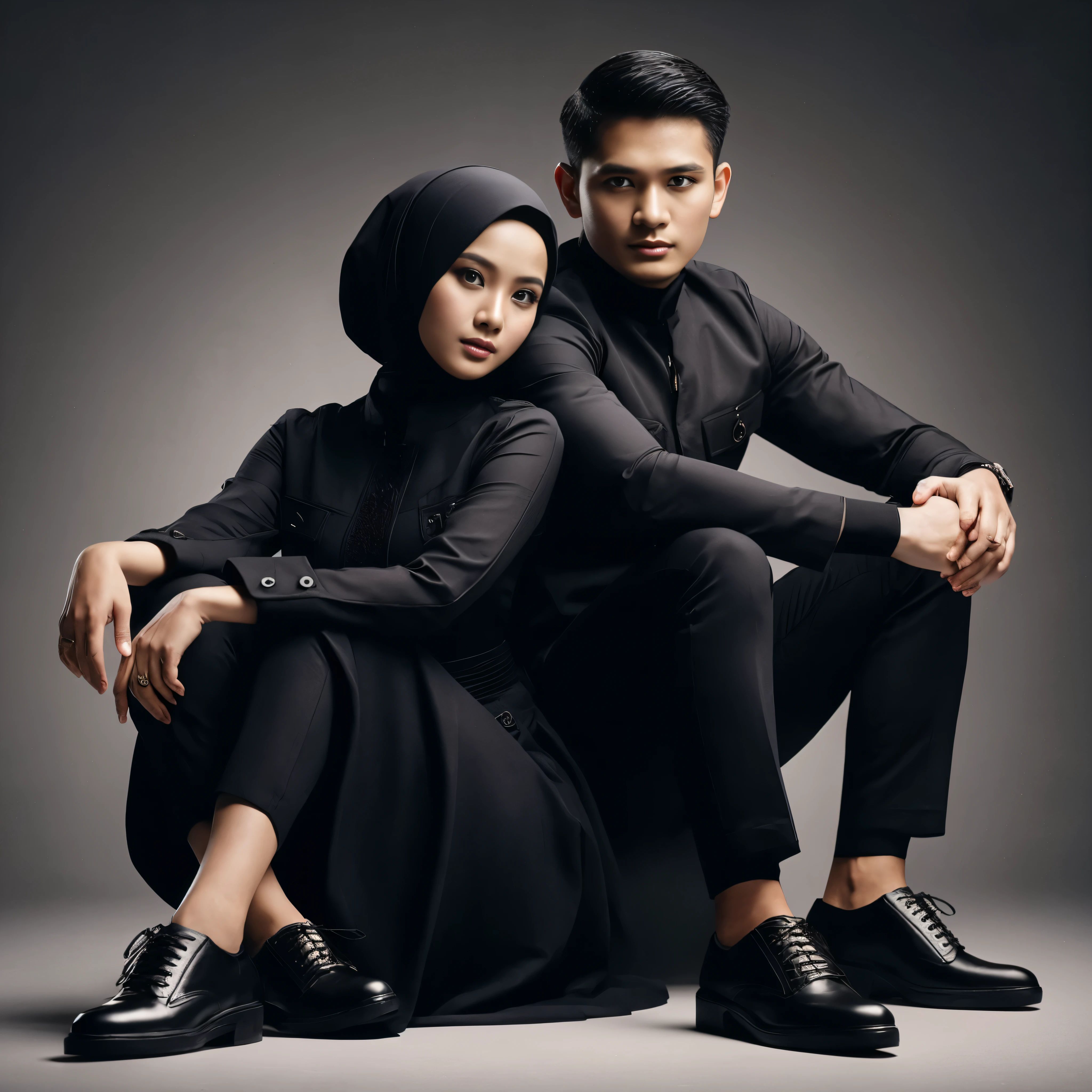 masterpiece of couple photos of Indonesian couples (women wearing hijabs), wearing uniform black outfits, wearing shoes that match the outfit, in the studio, romantic and elegant poses, very detailed, ultra graphic, taken with a Leica camera, gray background plain