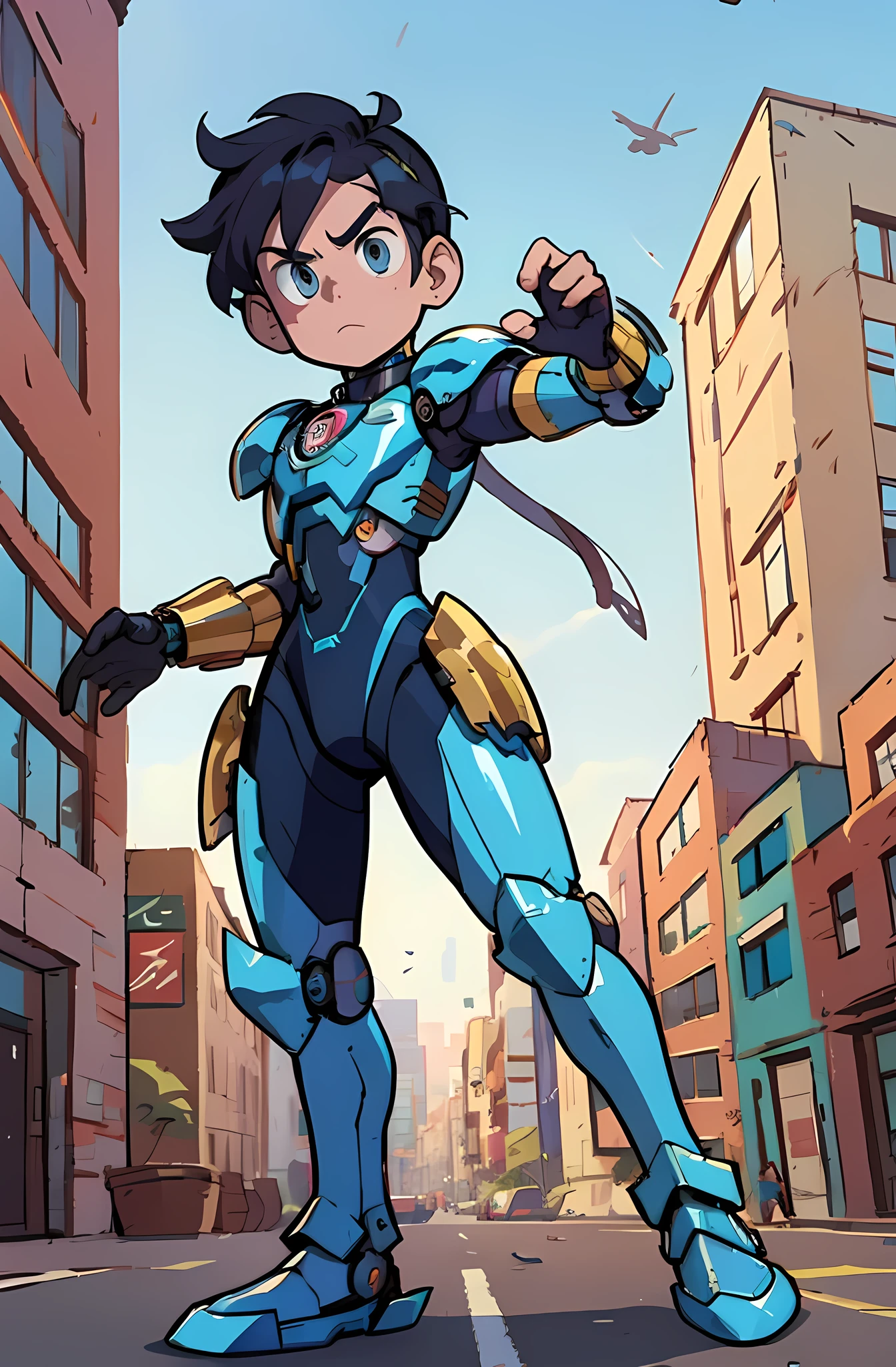 Imagem detalhada de desenho animado de um jovem em um armadura azul e dourado, boy with mecha cybernetic armor, garoto de armadura, nanoboy, Hero 2d Fanart Artsation, cyber fight armor, megaman, epic comic book style, ciborgue, garoto de anime do futuro, linda garoto ciborgue, cyber suit, Terno Mecha, android hero