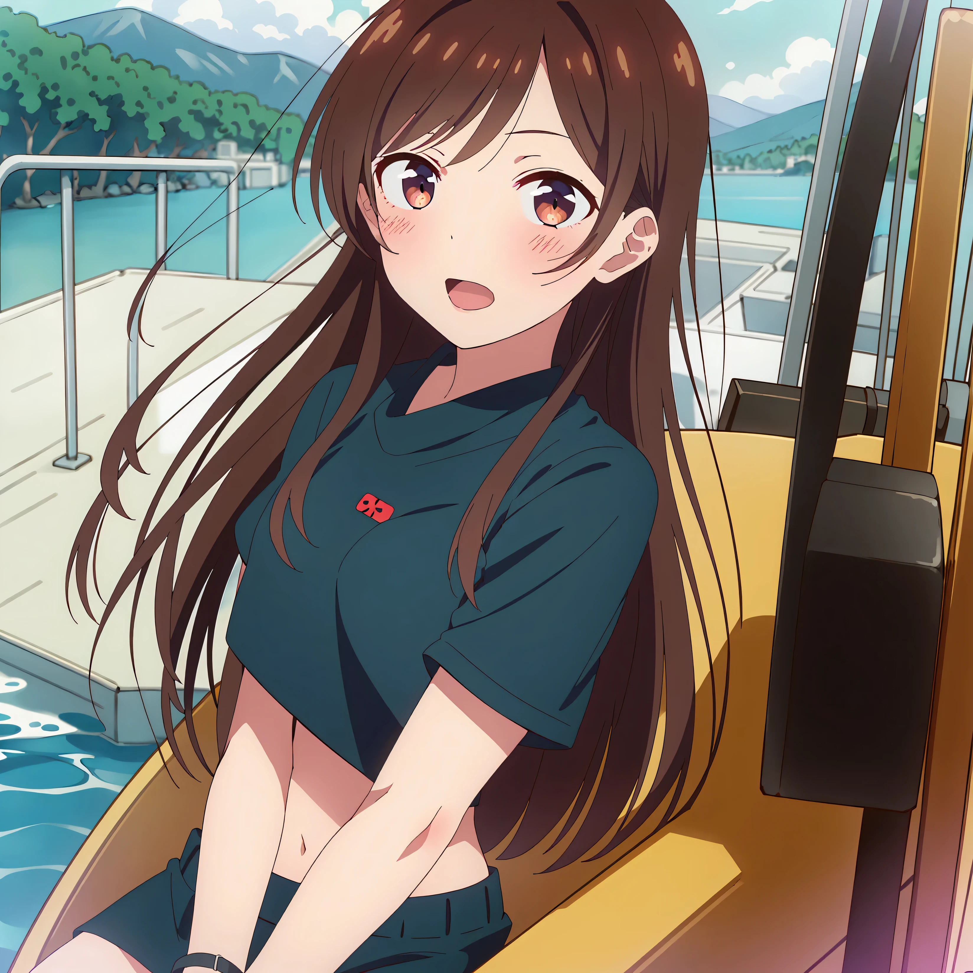 (masterpiece), (best quality), chizuru_ichinose, 1girl, solo, long_hair, looking_at_viewer, blush, open_mouth, bangs, brown_hair, brown_eyes, jewelry, on boat, booty shorts, crop top, sitting, 4k, boat on water, in front pov, solo, 1girl, mountains scenery, 