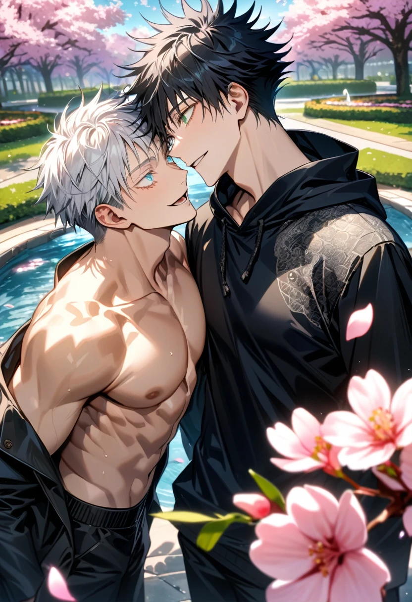 Ultra detailed, Highres, absurdres, HDR, Fushiguro Megumi, black hair, expressive green eyes, Gojo Satoru, white hair with bangs, white eyelashes, expressive blue eyes, black long coat with patterns with a hoddie, Jujutsu Kaisen, pink flowers, petals, handsome, two sexy man together, gay couple, love, very detailed eyes and face, park, fountain, black pants, cherry blossoms, black tight t-shirt, master piece, happy, toned chest,