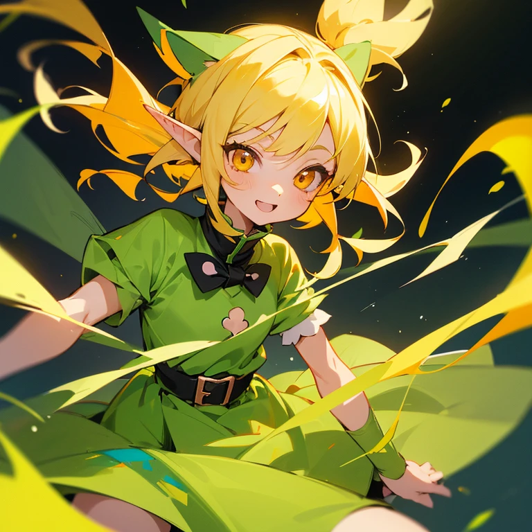 A 3 girl with blonde hair, orange eyes, short hair and elf ears. She wears a green dress from the year 2024. The image is in the style of the anime Kimetsu no Yaiba. His elf ears are small. She is a happy and curious girl. But sometimes she gets into a bit of trouble.