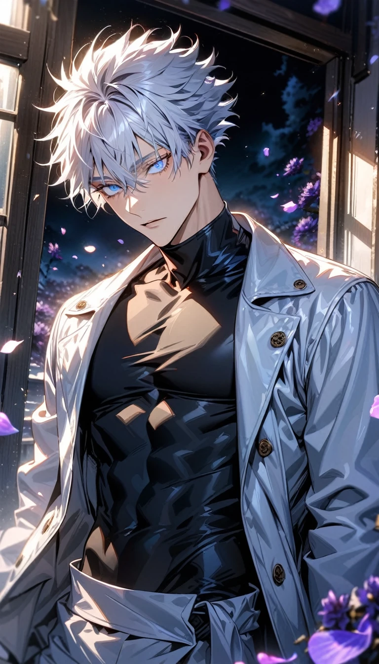 absurdres, highres, ultra detailed, HDR, masterpiece, extremely detailed face and eyes, Gojo Satoru, white hair, with bangs, hair between the eyes, short hair, expressive blue eyes, white eyelashes, Jujutsu Kaisen, solo, sexy man, toned chest, handsome, white coat, black tight shirt, window, moon, petals, purple flowers, purple shining light