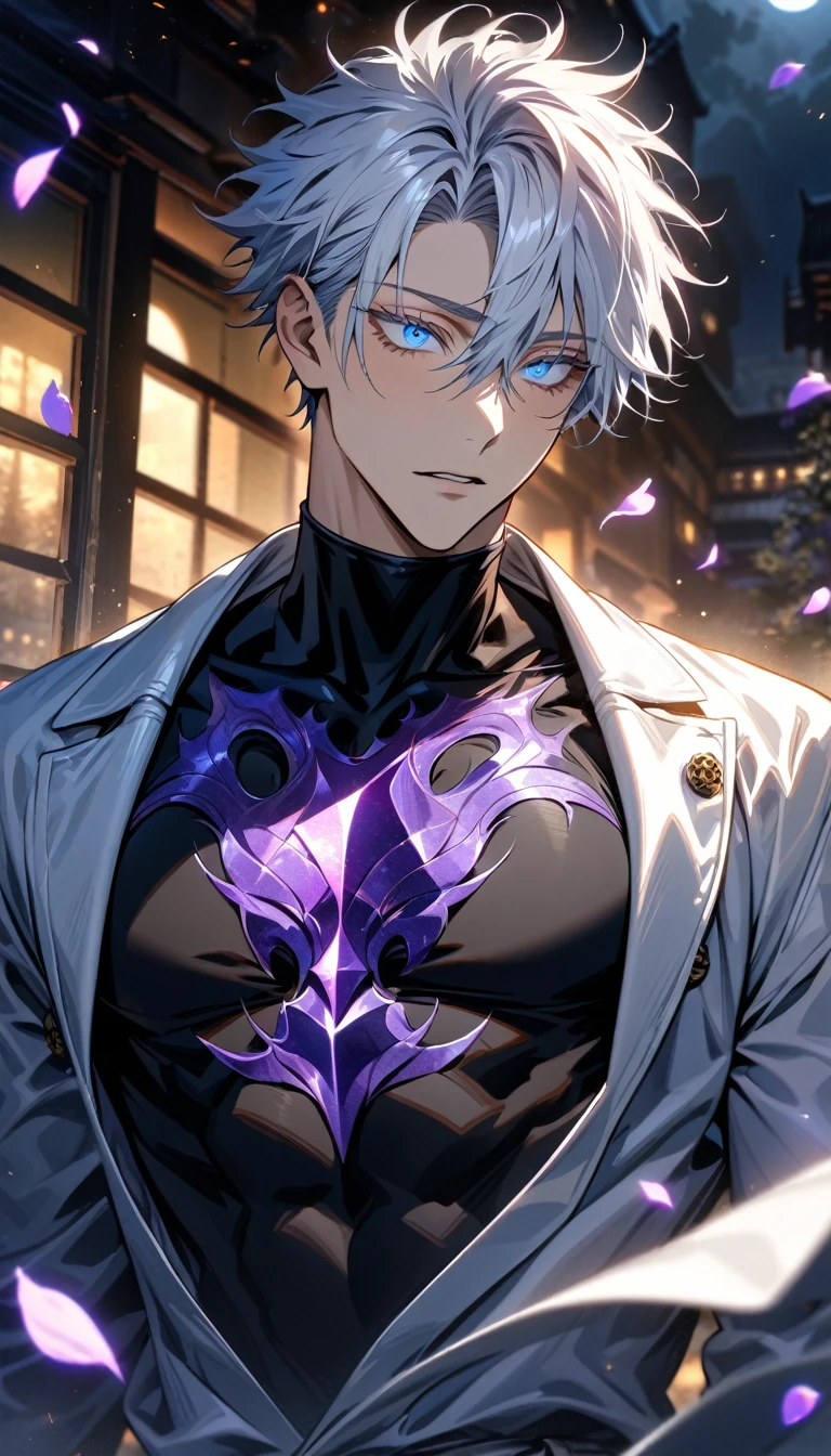Ultra detailed, HDR, Highres, absurdres, master piece, Gojou Satoru, blindfolded eyes, white hair with bangs, Jujutsu Kaisen, patterns, black tight shirt, purple stained glass, purple ice, petals, purple ice flowers, sexy man, solo, extremely detailed face and eyes, extremely handsome, glittering, toned chest, purple glass, black gloves,