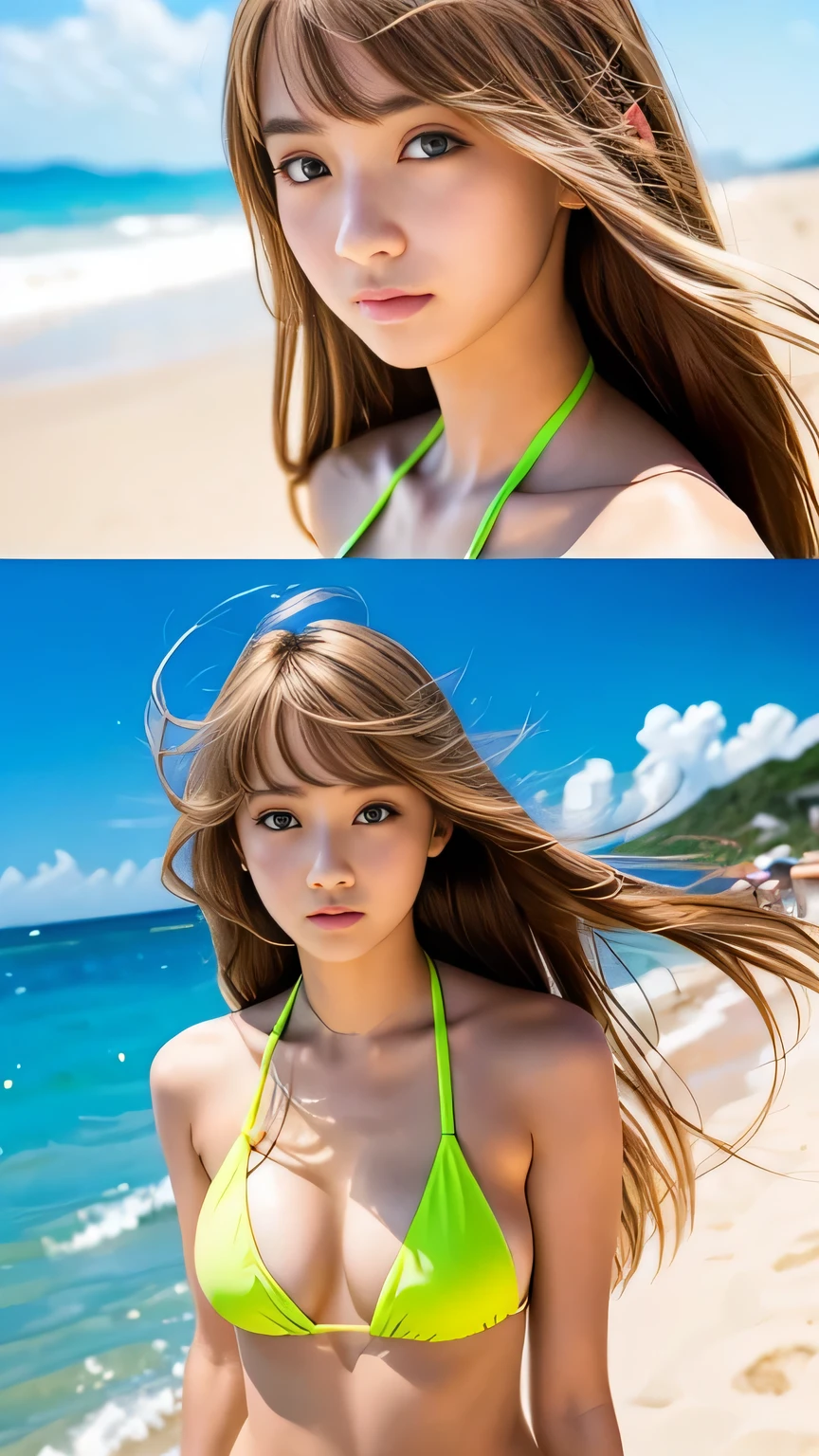 Sexy Big 、A cute 13-year-old girl with a sexy and cute look, beautiful and sexy face、A strong wind blows my hair in front of my face、With straight blonde hair、beautiful, Cute and sexy eyes hidden behind long bangs、Tops Fluorescent Bikini、Sunburned skin、