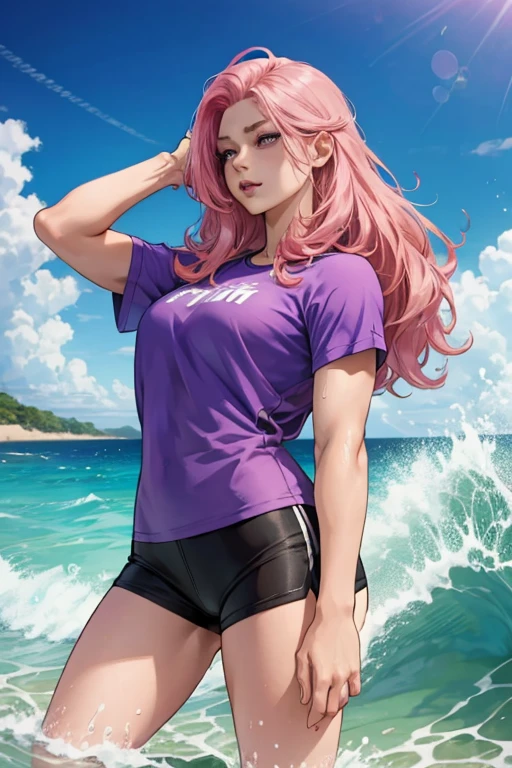 A handsome muscular pink haired man with violet eyes with long hair in shorts is splashing in the waves at the beach
