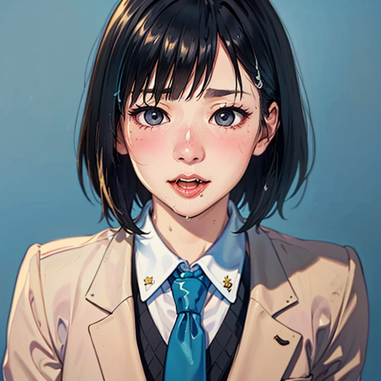 NSFW, (kawaii 24 year-old Japanese girl, Nogizaka idol, Korean idol), (glossy hair, very short hair, bangs:1.3), (beautiful black eyes, rounded face, single eyelid, no makeup:1.4), (embarrassed, noseblush, sex silly, orgasm, empty eyes, half opened mouth:1.5), (cum to face, semen on the face, bukkake:1.3), (wearing suit jacket, collared shirt, necktie:1.3), (extra small breasts:0.9), BREAK, (simple blue background:1.3), (view from forward, bust shot:1.3), BREAK, (masterpiece, best quality, photo realistic, official art:1.4), (UHD, 8K quality wallpaper, high resolution, raw photo, golden ratio:1.3), (shiny skin), professional lighting, physically based rendering, award winning, (highly detailed skin, extremely detailed face and eyes), Carl Zeiss 85 mm F/1.4, depth of field, 1girl, solo,