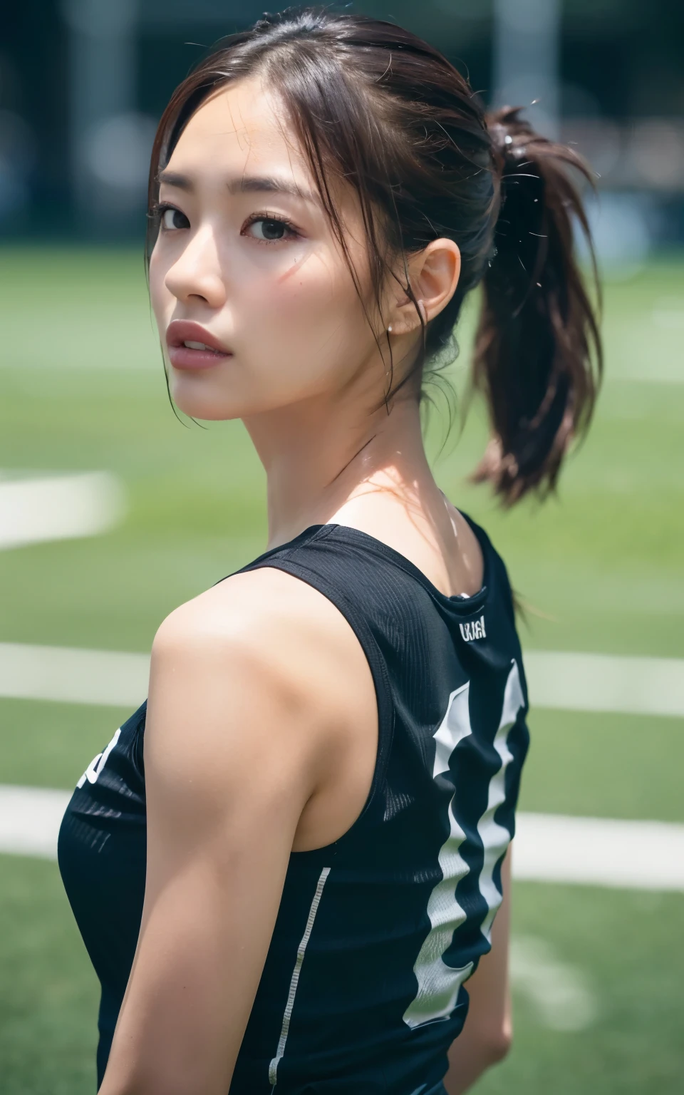 HASSELBLAD CAMERA, original photography, (real: 1.3), Twisted (Beautiful and glamorous: 1.4), Ponytail, (detail: 1.2), 8K Ultra HD, (football: 1.4), Beautiful Japanese woman, muscle
