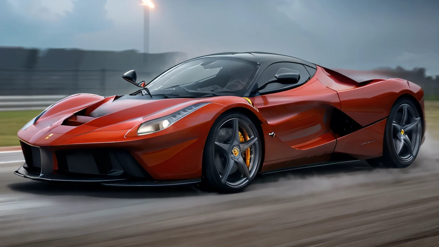 A ferrari laferrari with xenon headlights and electric drive pulling a rain plume behind to create high res version match on a racetrack. Emphasize exaggerated movements at a rainy day high speed movement