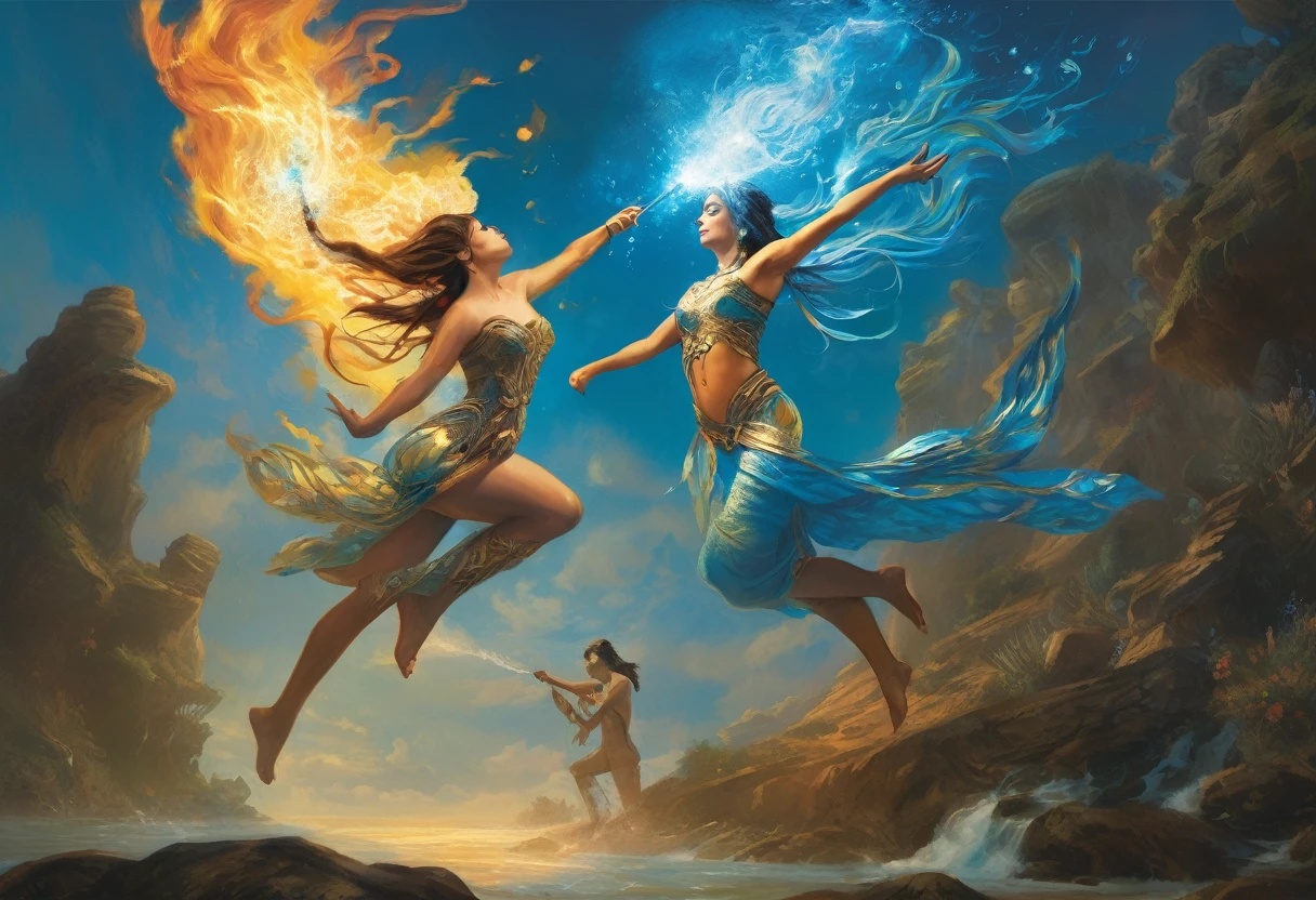 (2 subjects) (Subject 1: Cryptic girl in an action pose descending from the sky) and her companion (subject 2: a blue skinned water nymph, jewel adorned) combine their powers to fire an energy