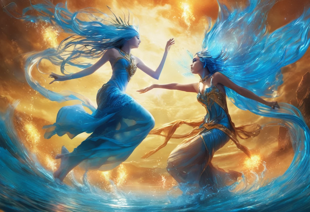 (2 subjects) (Subject 1: Cryptic girl in an action pose descending from the sky) and her companion (subject 2: a blue skinned water nymph, jewel adorned) combine their powers to fire an energy