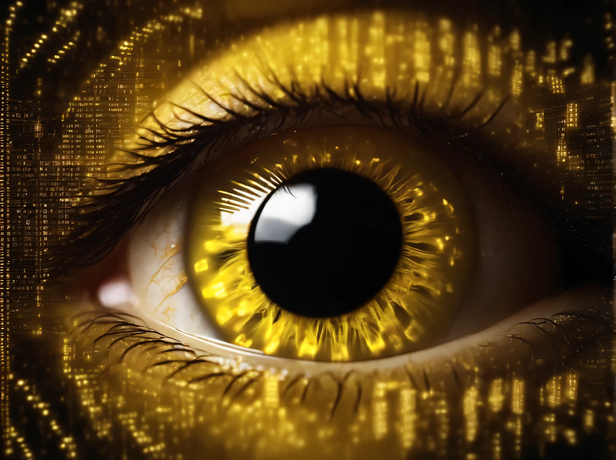 yellow digital iris eye made on computer  codes cast in cyberspace surrounded by binary numbers, yellowish color image, 4k,