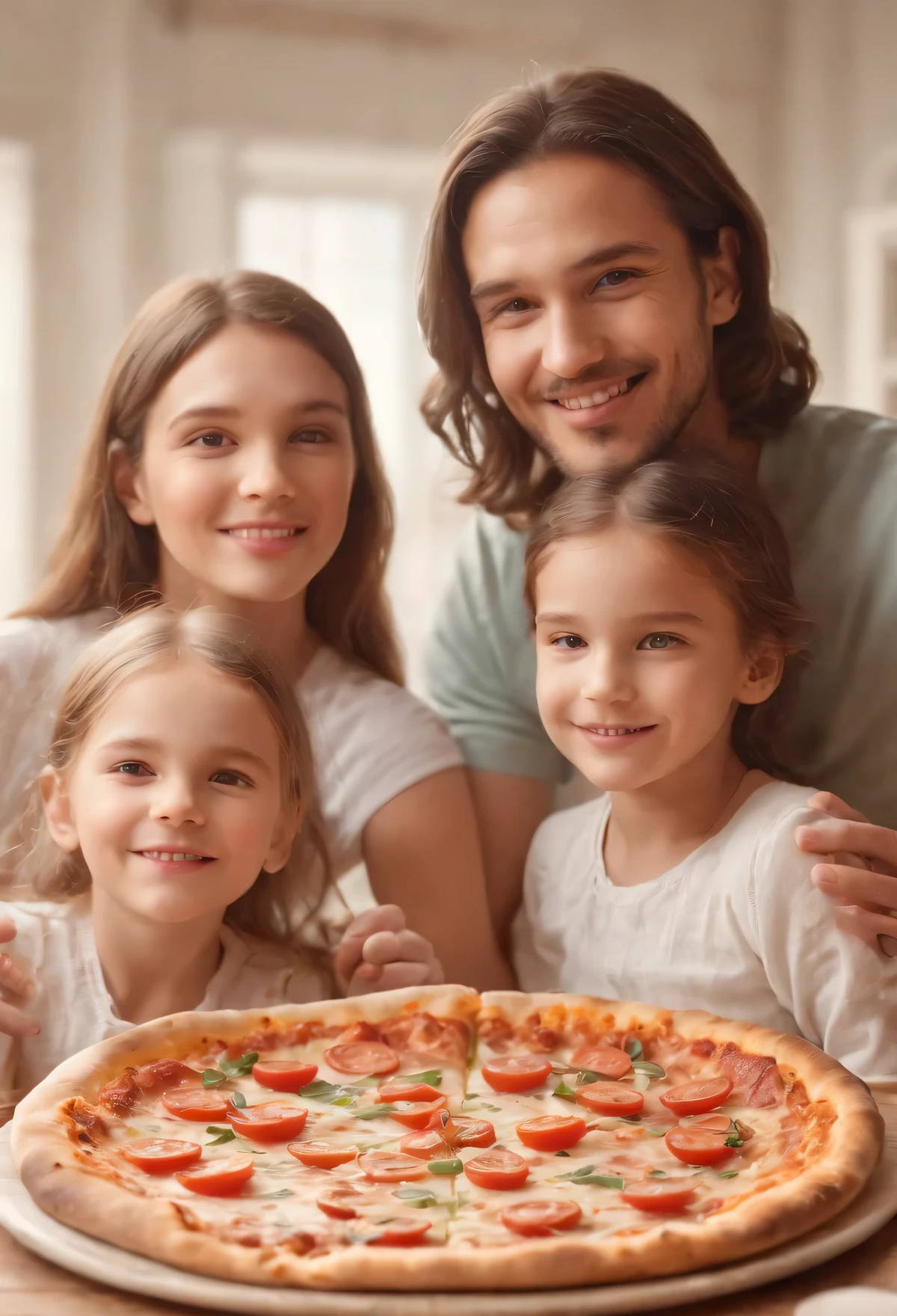 "Create a vivid representation of family happiness with a realistic image of a man, a woman and their two young children gathered around a huge square pizza. Steam rises from the freshly delivered pizza, indicating its extremely hot temperature. The classic cut square of the pizza adds to its fascination. The family's faces shine with joy and anticipation as they eagerly prepare to enjoy this delicious treat together. essence of food. unity and culinary delight Whether for a poster, product advertisement or piece of conceptual art, the image should convey the warmth and happiness of sharing a meal with loved ones."