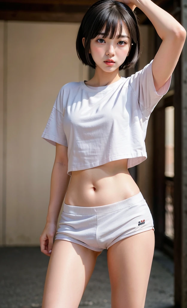 1girl, 18 years old busty woman, eye glasses, short ponytail hair, bangs, light pink blush, standing, underground tunnel, white t-shirt, cleavage, big , small waist, boxer_shorts, thicc_thighs
thighs, legs, perfect fingers, leg_spread