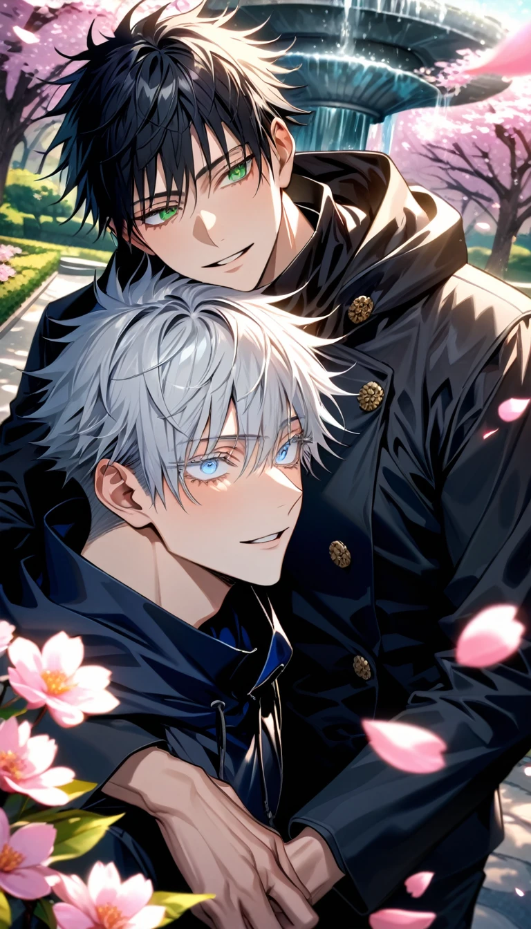Ultra detailed, Highres, absurdres, HDR, Fushiguro Megumi, black hair, expressive green eyes, Gojo Satoru, white hair with bangs, white eye lashes, expressive blue eyes, black long coat with patterns with a hoddie, Jujutsu Kaisen, pink flowers, petals, handsome, two sexy man together, gay couple, love, very detailed eyes and face, park, fountain, black pants, cherry blossoms, black tight t-shirt, master piece, happy, toned chest, yaoi,
