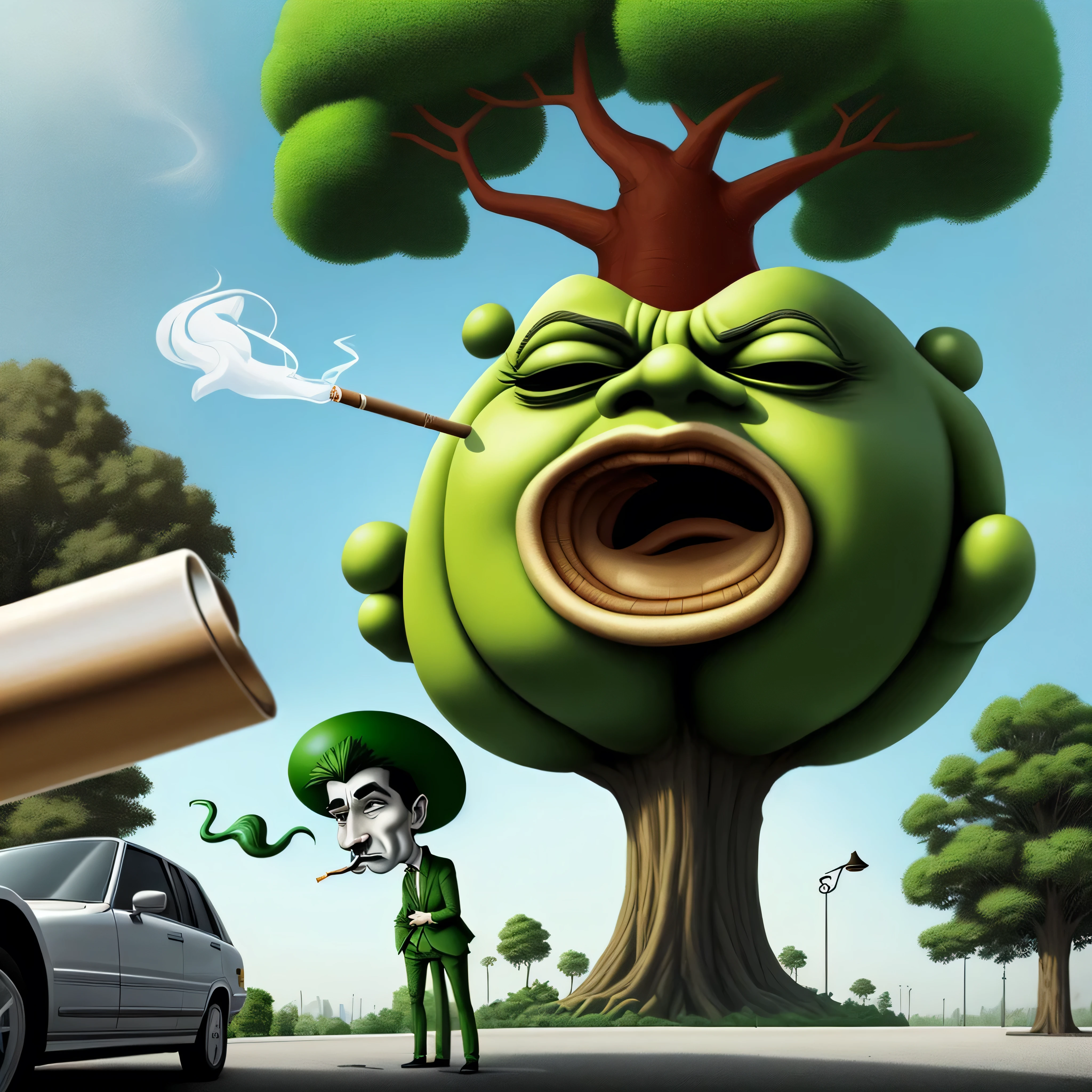 a very funny caricature of a huge pirul tree with a face and a very cool personality smoking a big joint in a parking lot