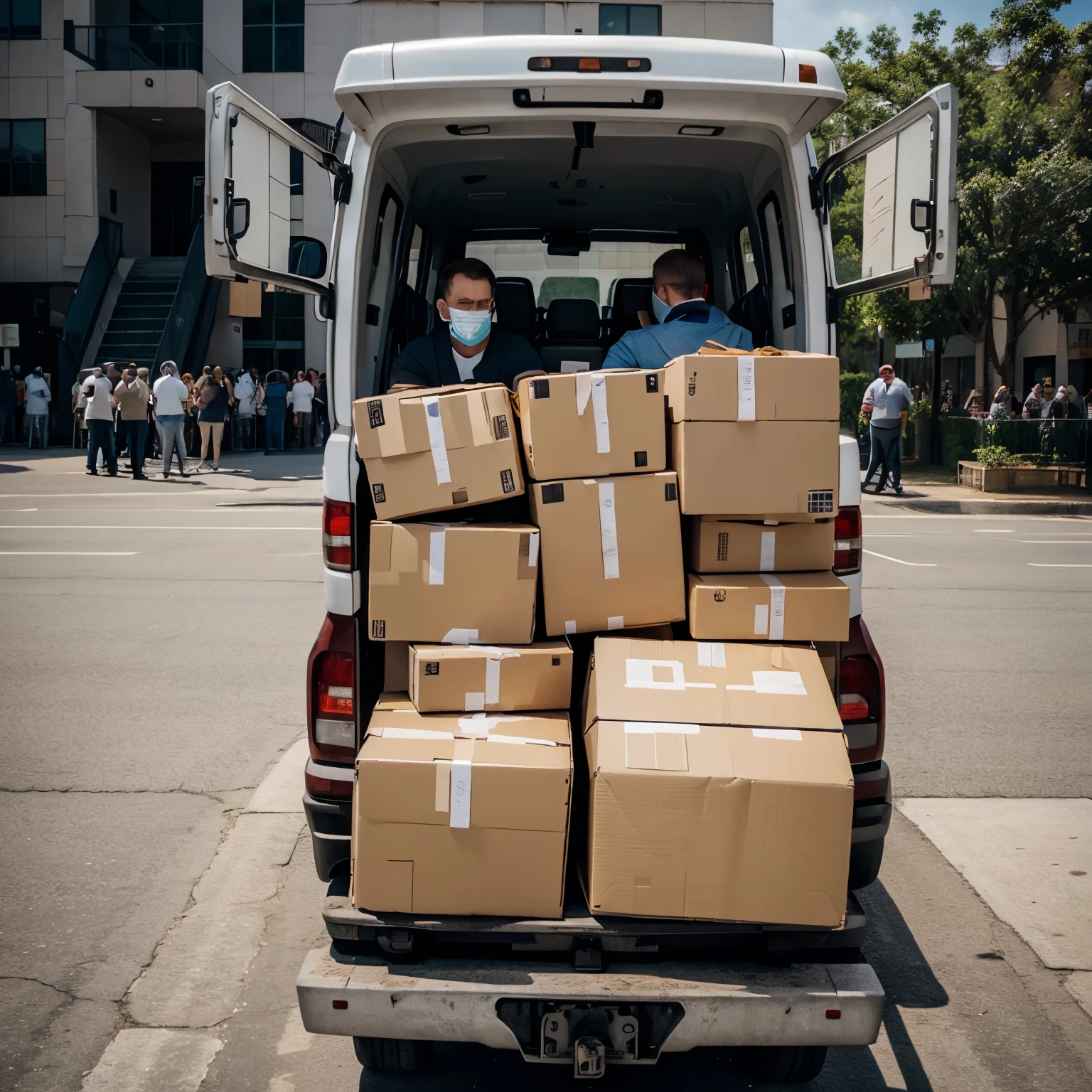 Have a crowd of white people waiting for a big truck full of boxes