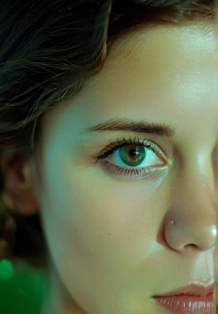 cinematic film still  Ohwx woman in a focus stacking portrait, bathed in a single shade of rich emerald green, highlighting the brown flecks in her eyes, minimalist makeup emphasizing her natural features, a single strand of hair curling across her cheek, a sense of mystery and intrigue. . shallow depth of field, vignette, highly detailed, high budget, bokeh, cinemascope, moody, epic, gorgeous, film grain, grainy, face center on image, photo taken from 5 feet away 