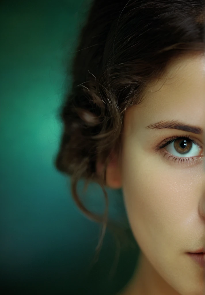 cinematic film still  Ohwx woman in a focus stacking portrait, bathed in a single shade of rich emerald green, highlighting the brown flecks in her eyes, minimalist makeup emphasizing her natural features, a single strand of hair curling across her cheek, a sense of mystery and intrigue. . shallow depth of field, vignette, highly detailed, high budget, bokeh, cinemascope, moody, epic, gorgeous, film grain, grainy